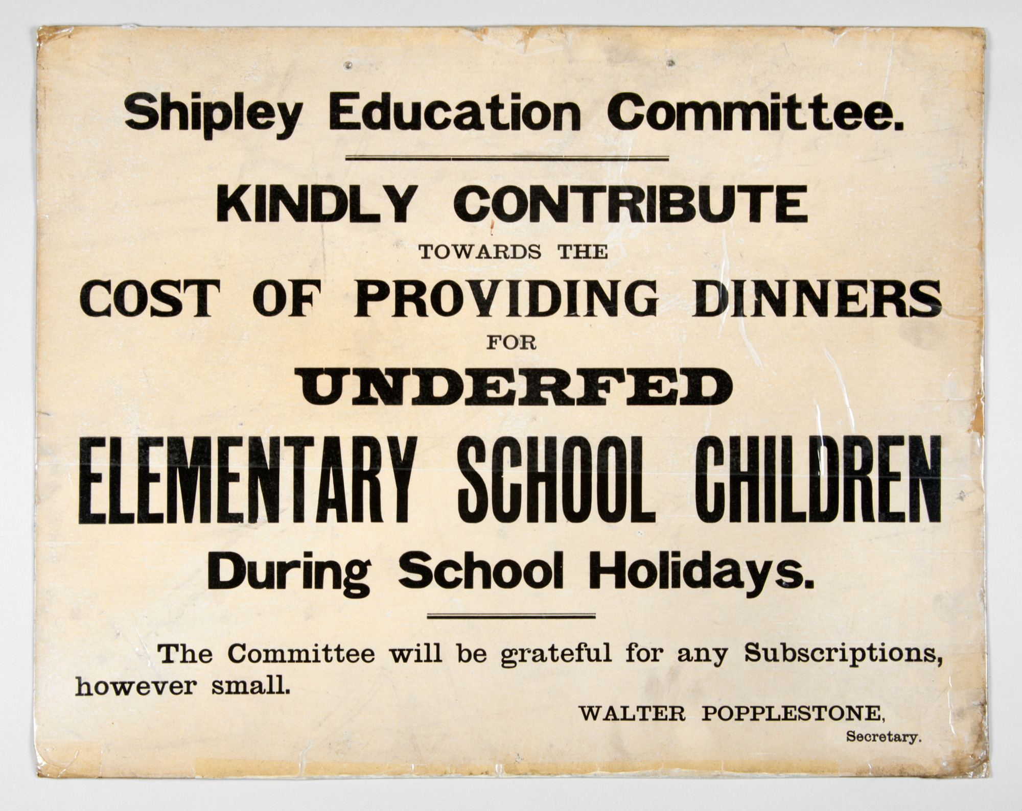 Poster asking for donations for school dinners