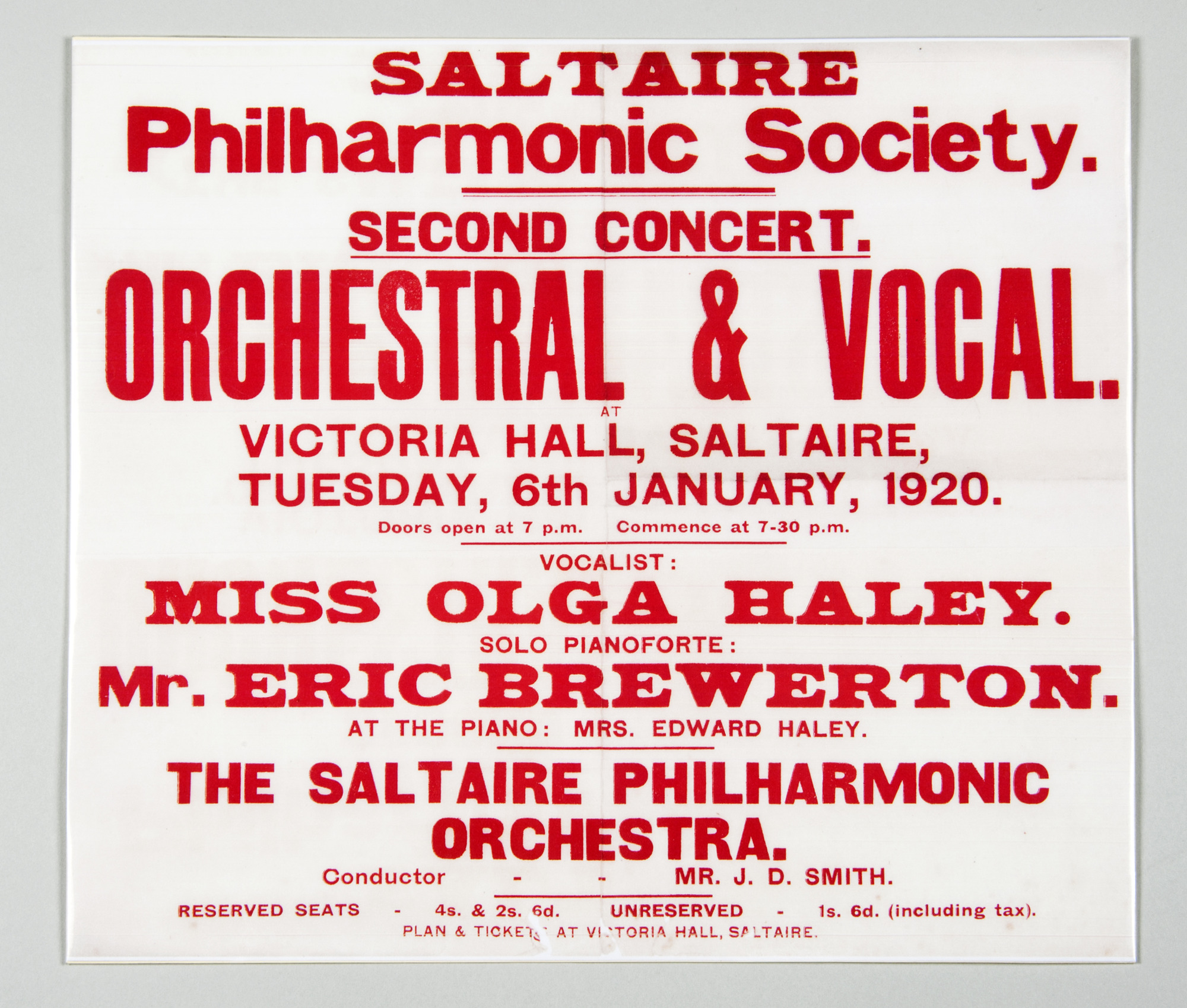 Saltaire Philharmonic Society - Orchestral & Vocal Concert 1920