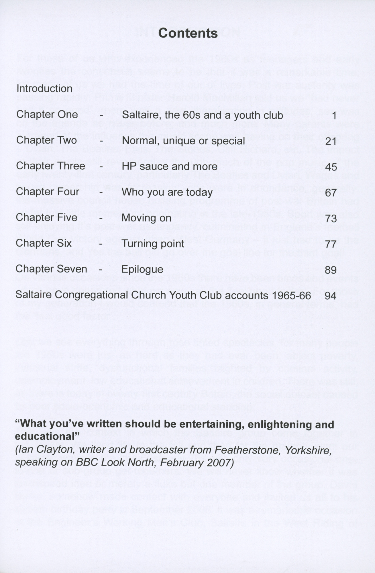 A time in our lives: Contents page