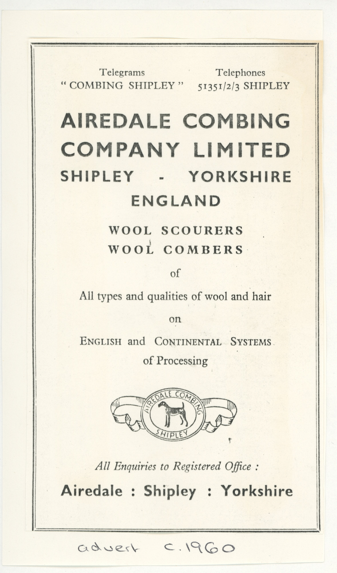 Advert for Airedale Combing Company Limited