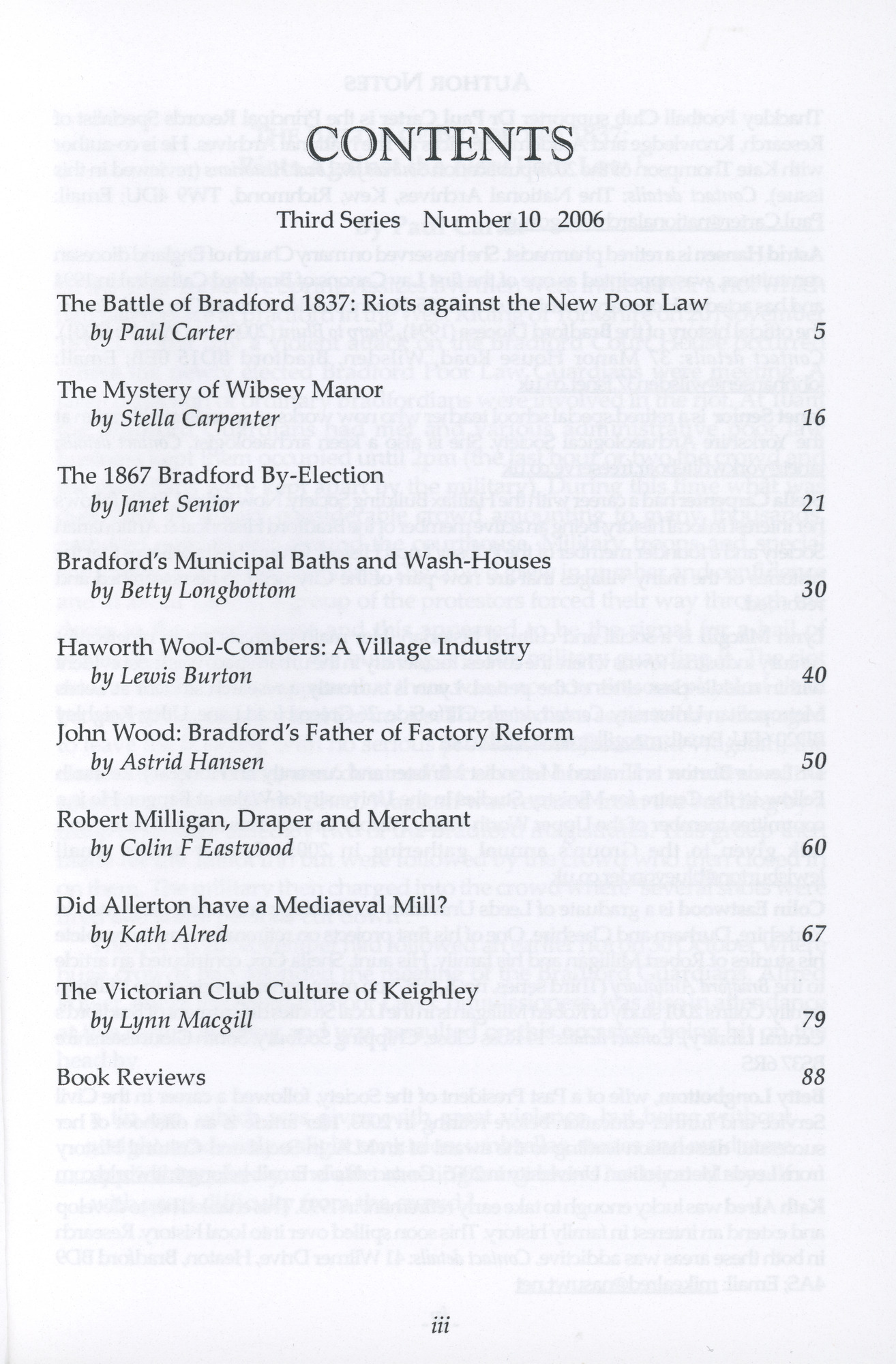 Bradford Antiquary Third Series No.10 2006: Contents page