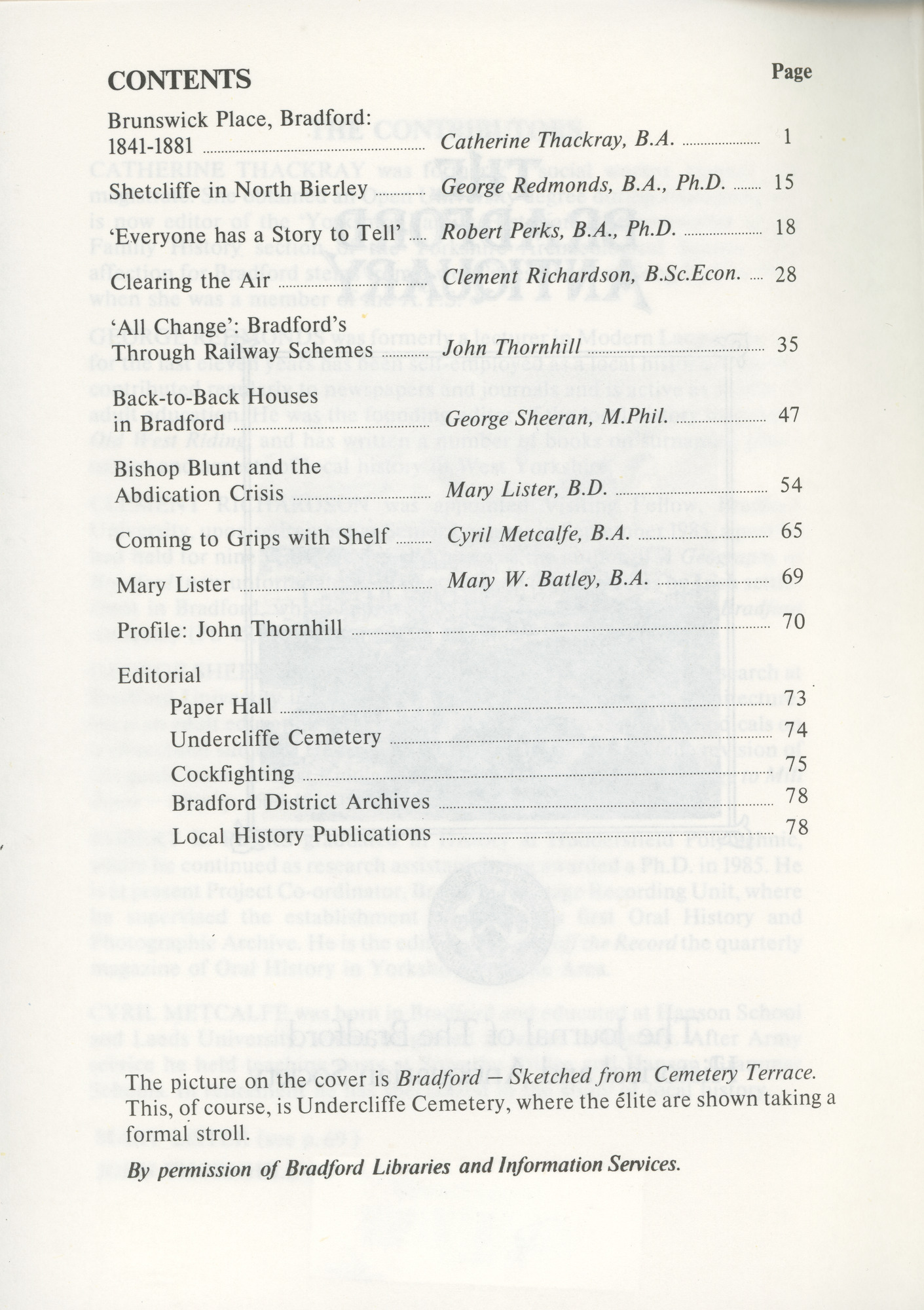 Bradford Antiquary Third Series No.2 1986: Contents page