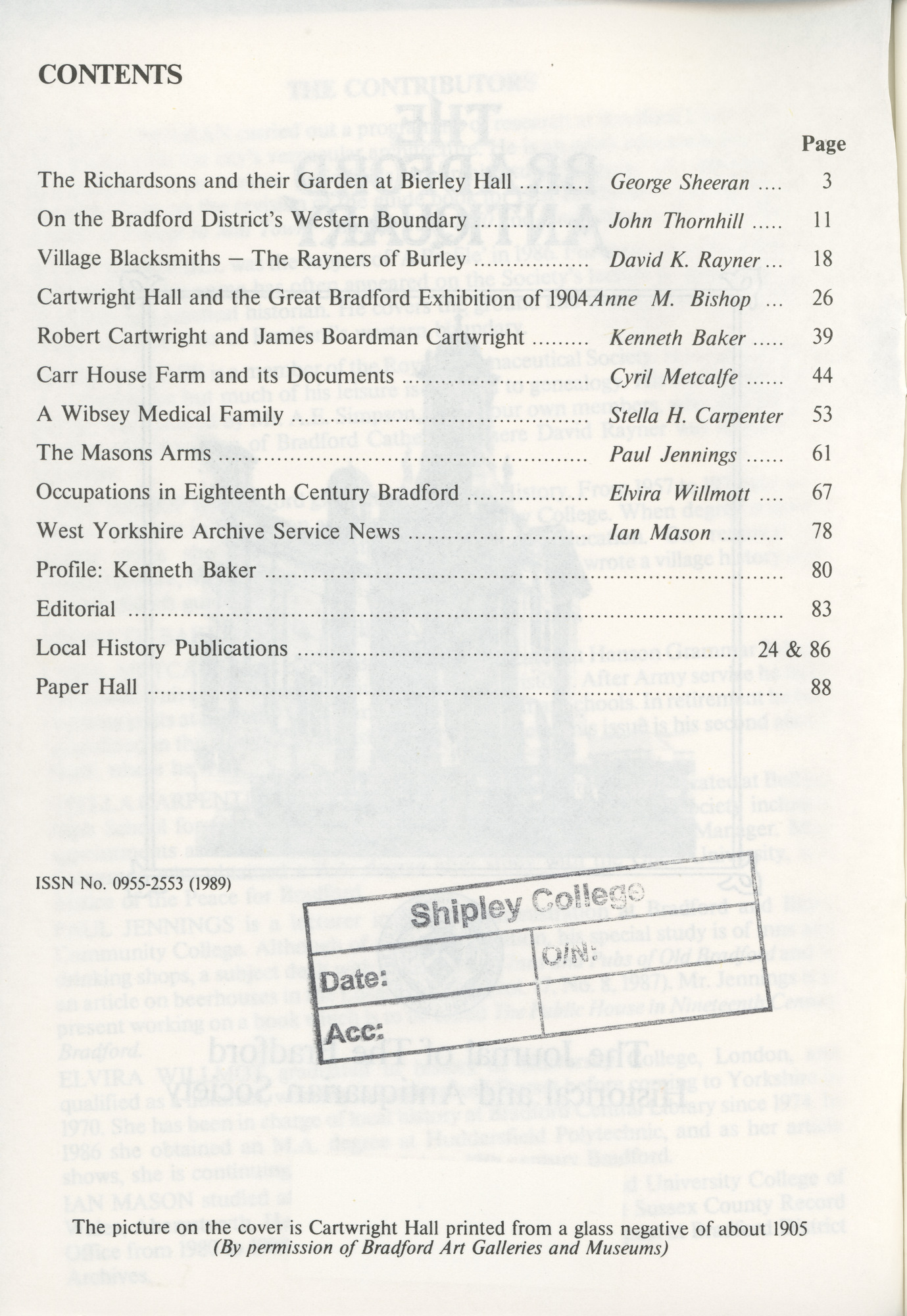 Bradford Antiquary Third Series No.4 1989: Contents page