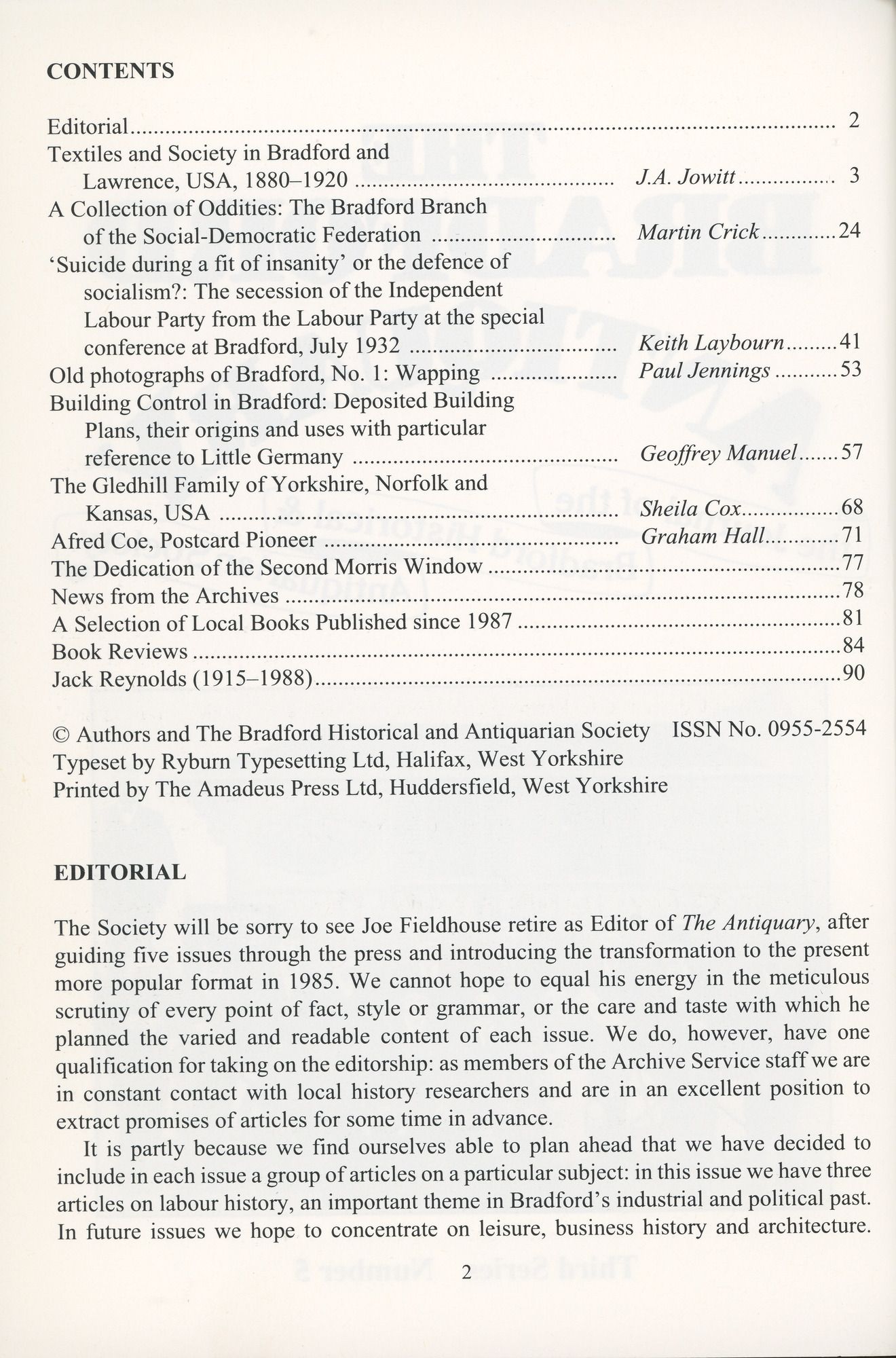 Bradford Antiquary Third Series No.5: Contents page