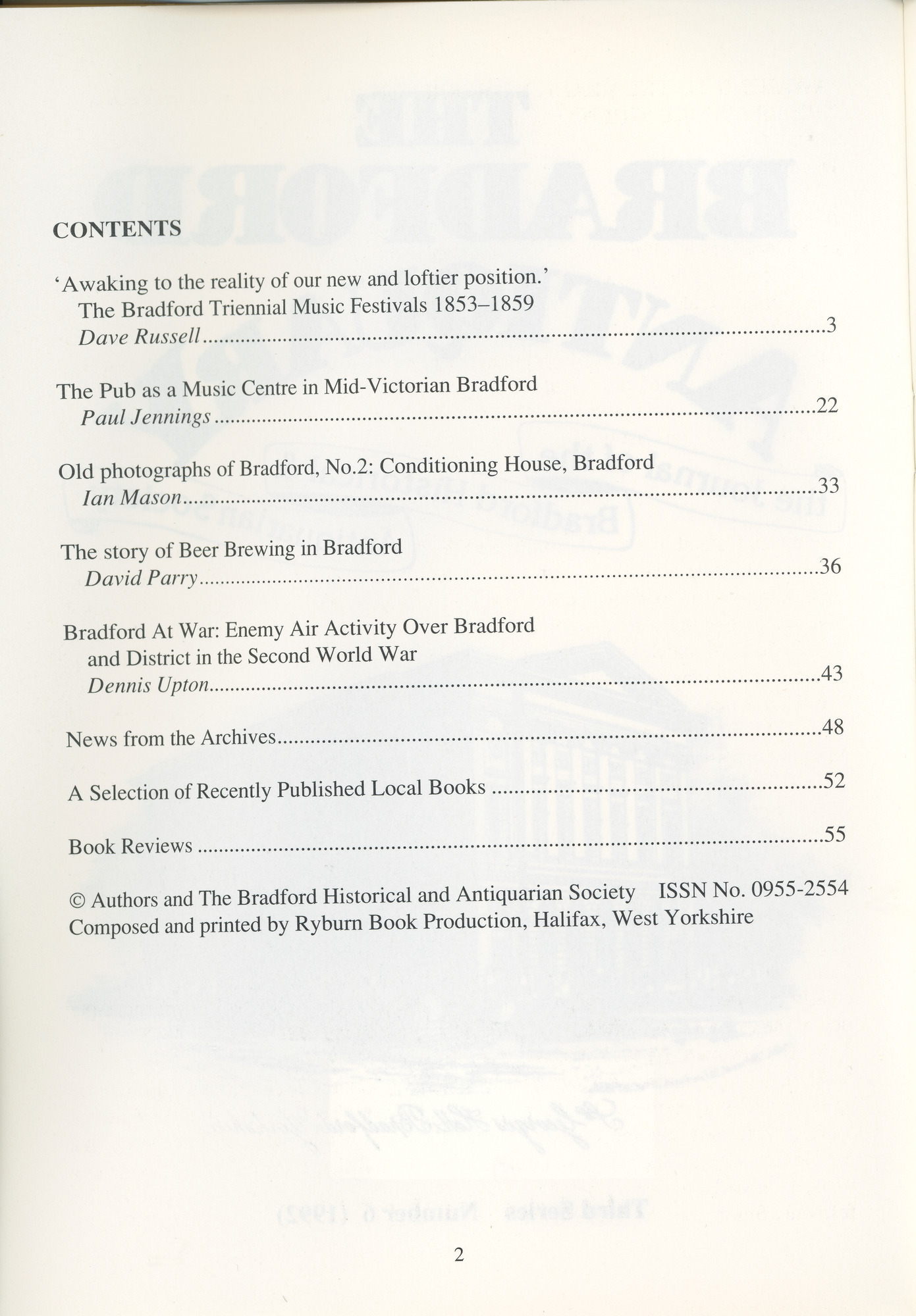 Bradford Antiquary Third Series No.6 1992: Contents page