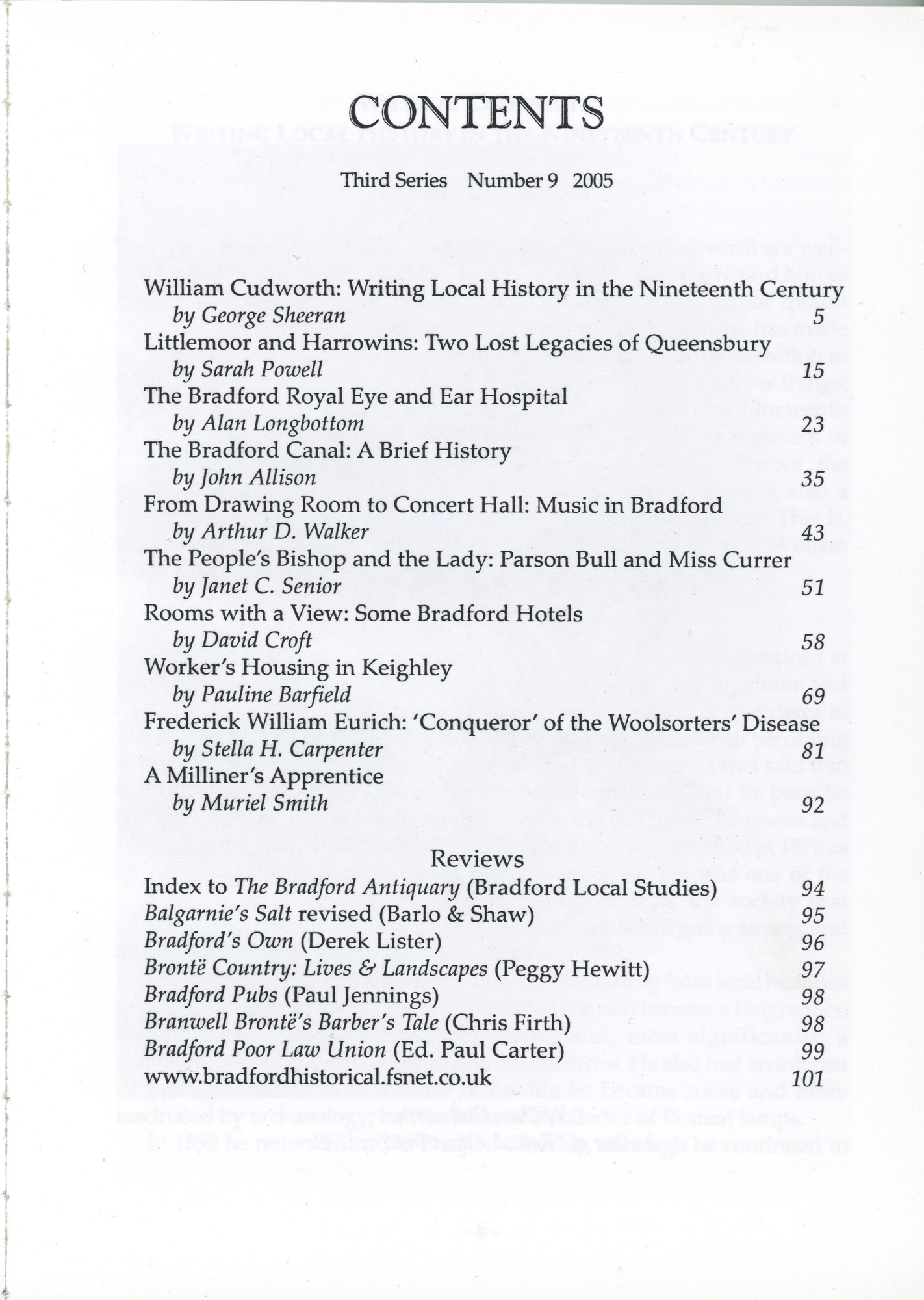 Bradford Antiquary Third Series No.9 2005: Contents page