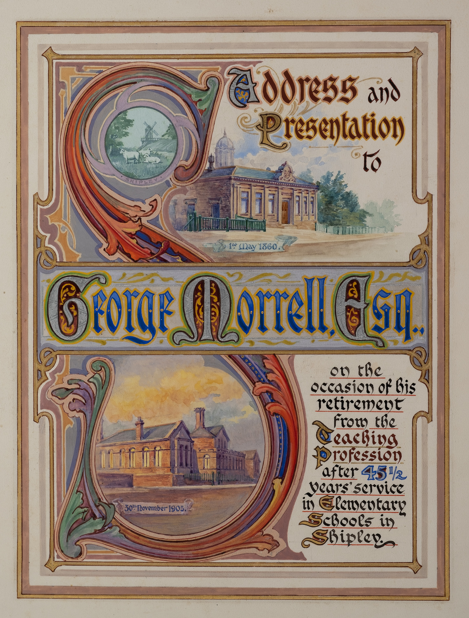 George Morrell's Presentation Book: Close up of first illuminated page