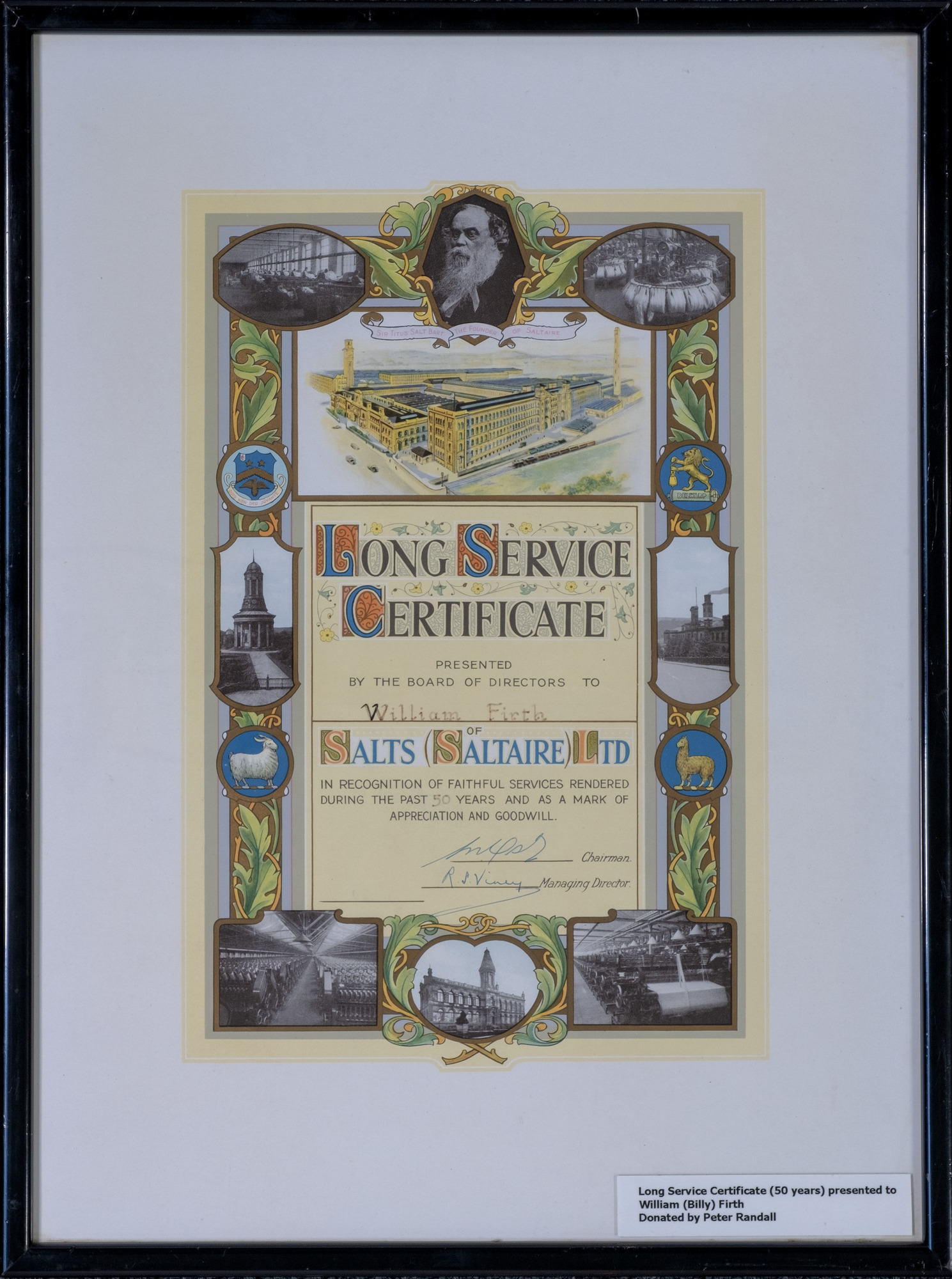Long service ceritificate for William Firth