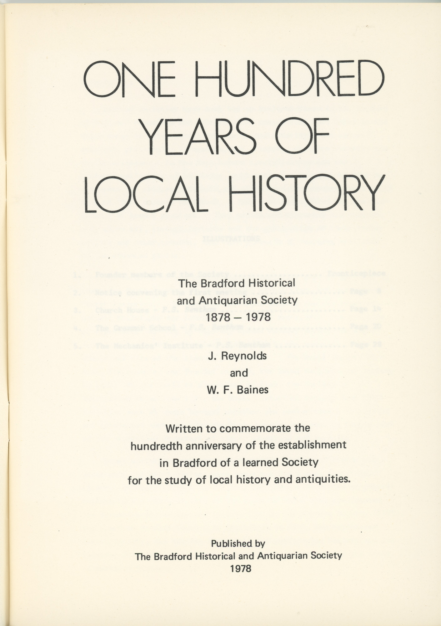 One Hundred Years of Local History: Contents page