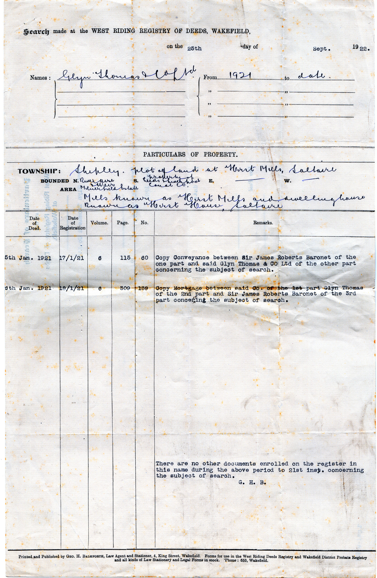 Particulars of Search at the West Riding Registry of Deeds