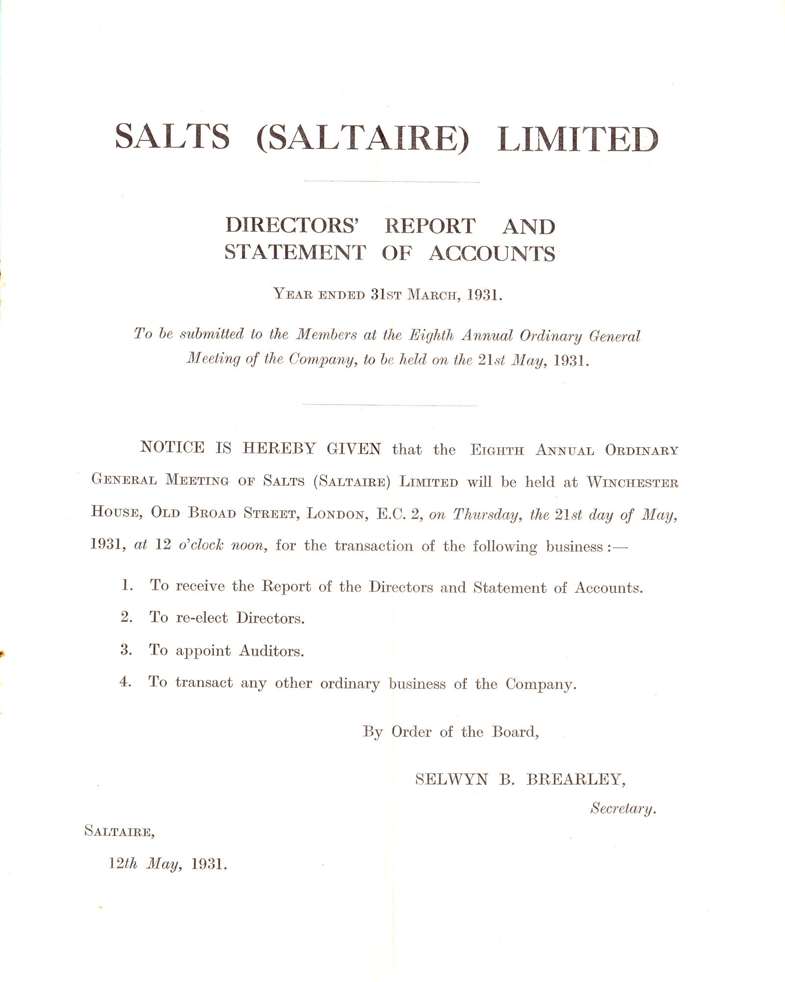 Salts (Saltaire) Ltd Directors Report and Statement of Accounts : 31st March 1931: Page 1