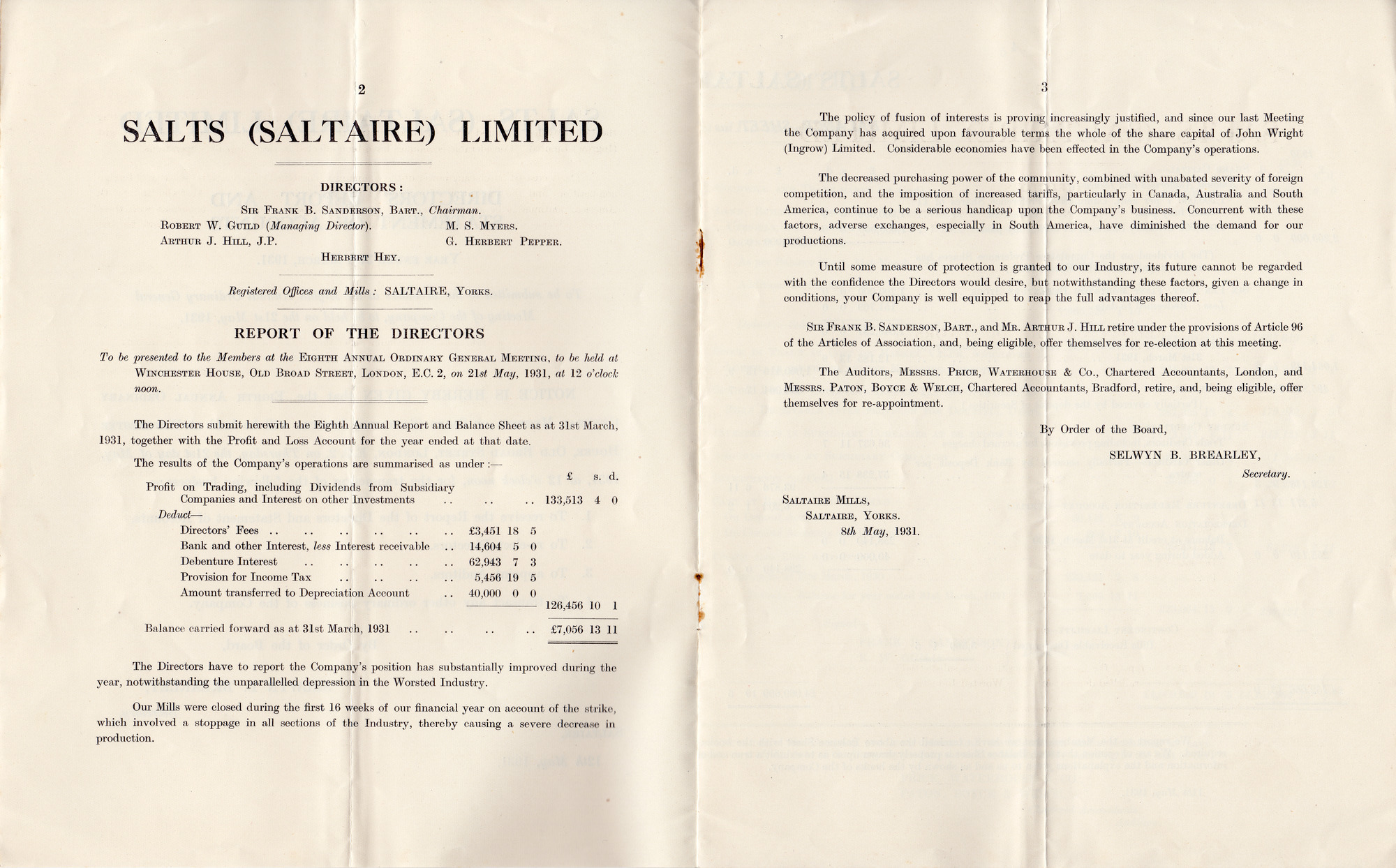 Salts (Saltaire) Ltd Directors Report and Statement of Accounts : 31st March 1931: Pages 2-3