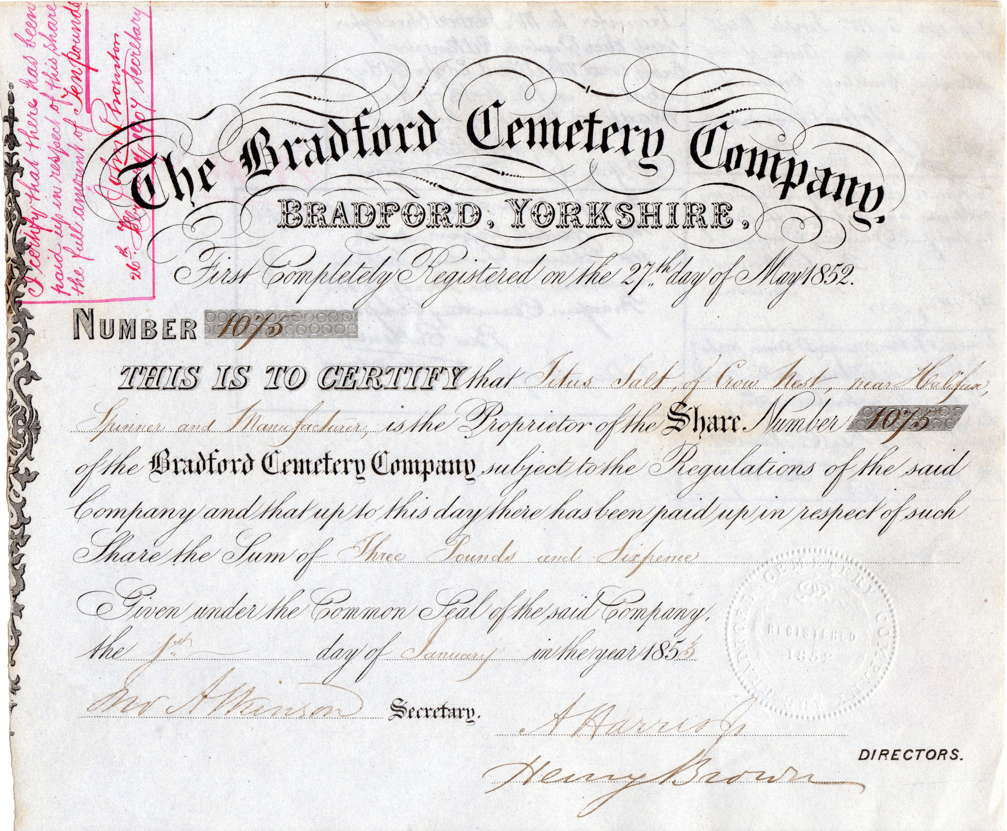 Share certificate of the Bradford Cemetery Company