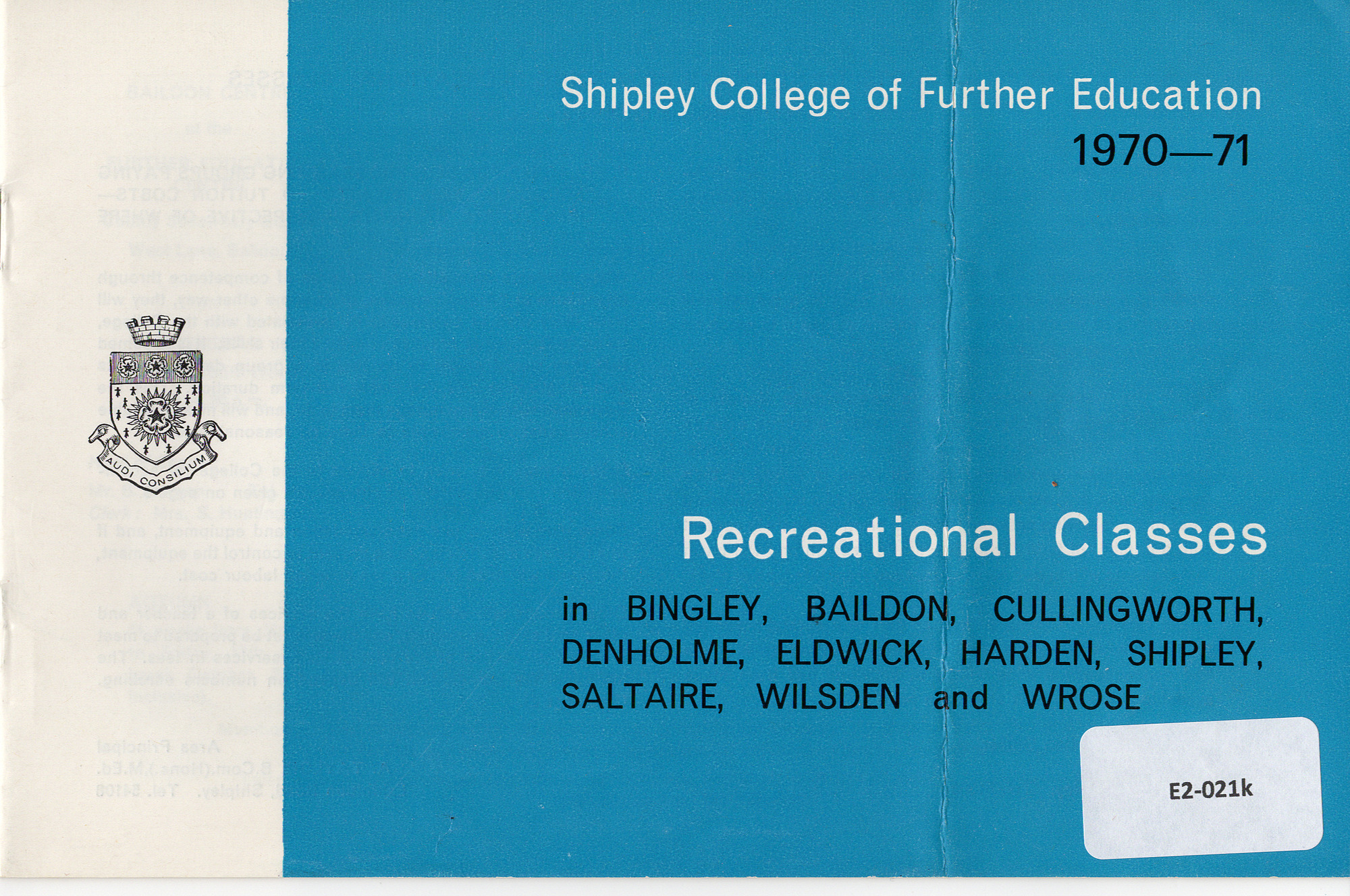 Shipley College Documents: Recreational classes brochure 1970-71 - front cover