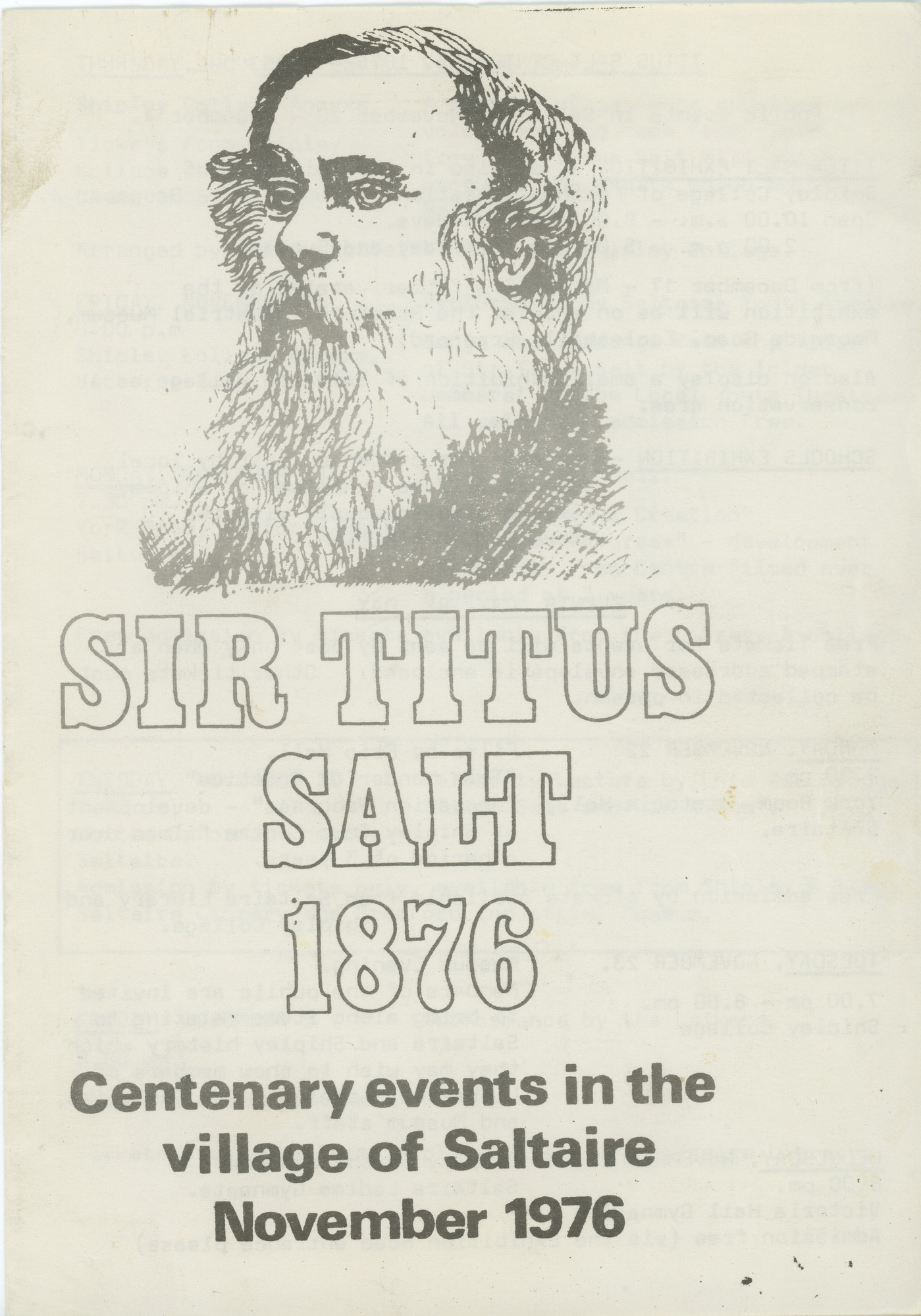 Sir Titus Salt 1876: Centenary events in the village of Saltaire, November 1976