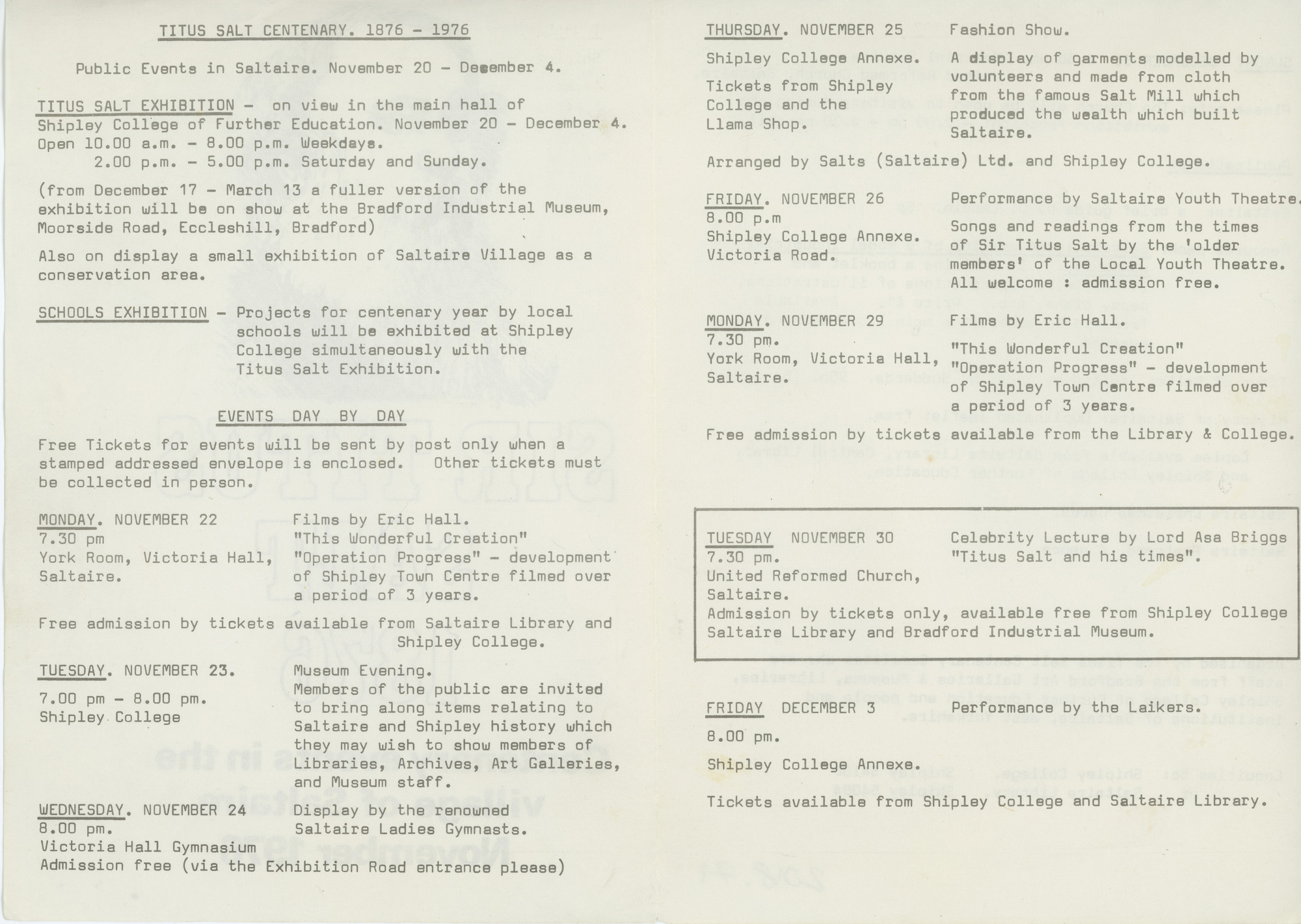 Sir Titus Salt 1876: Centenary events in the village of Saltaire, November 1976: Inside pages