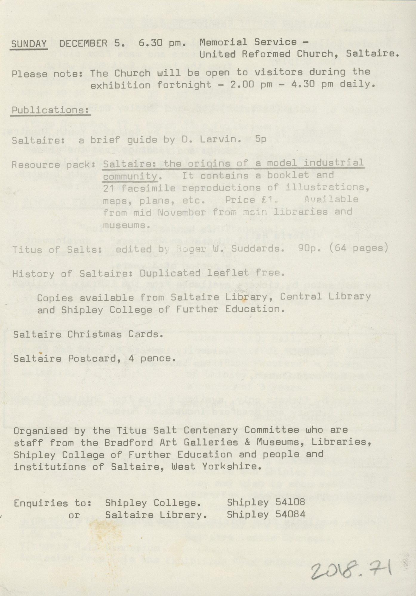 Sir Titus Salt 1876: Centenary events in the village of Saltaire, November 1976: Back cover