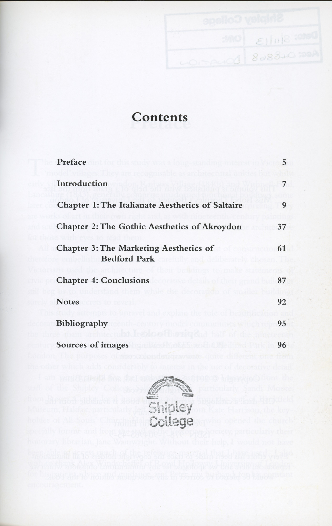 The aesthetics of Utopia: Saltaire, Akroydon and Bedford Park: Contents page