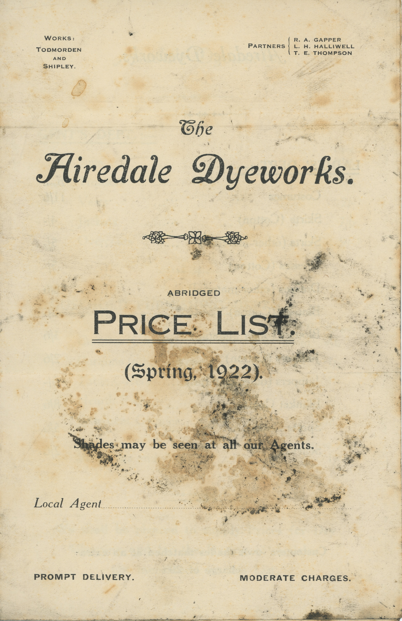 The Airedale Dyeworks pricelist (Spring 1922)