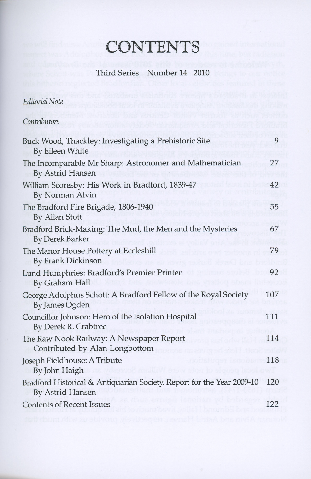 The Bradford Antiquary 2010: Contents page