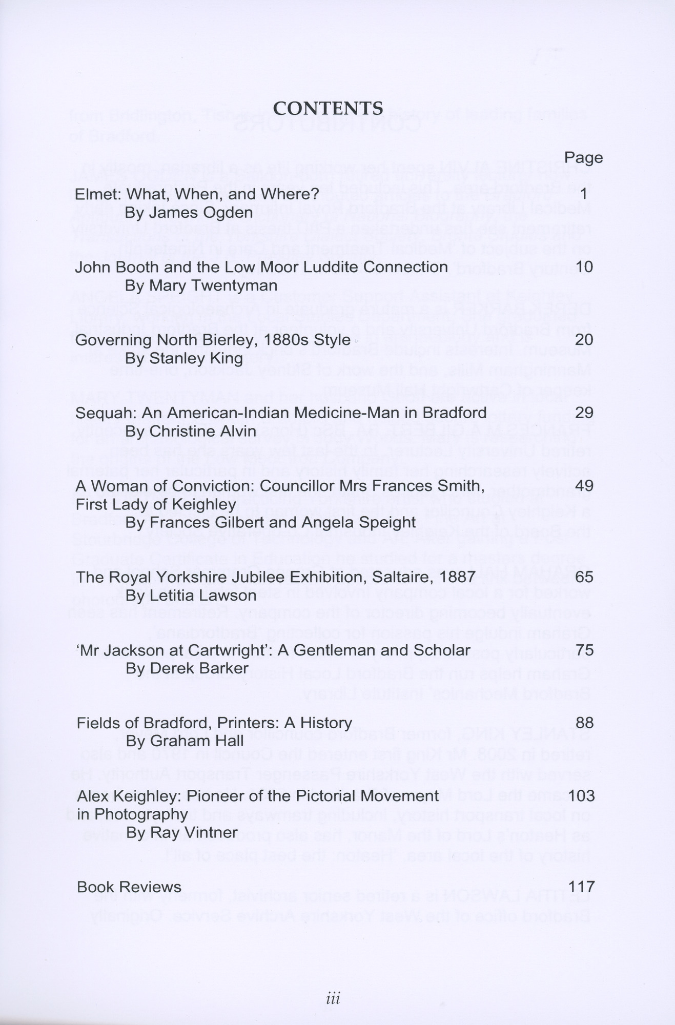 The Bradford Antiquary 2012: Back cover with contents