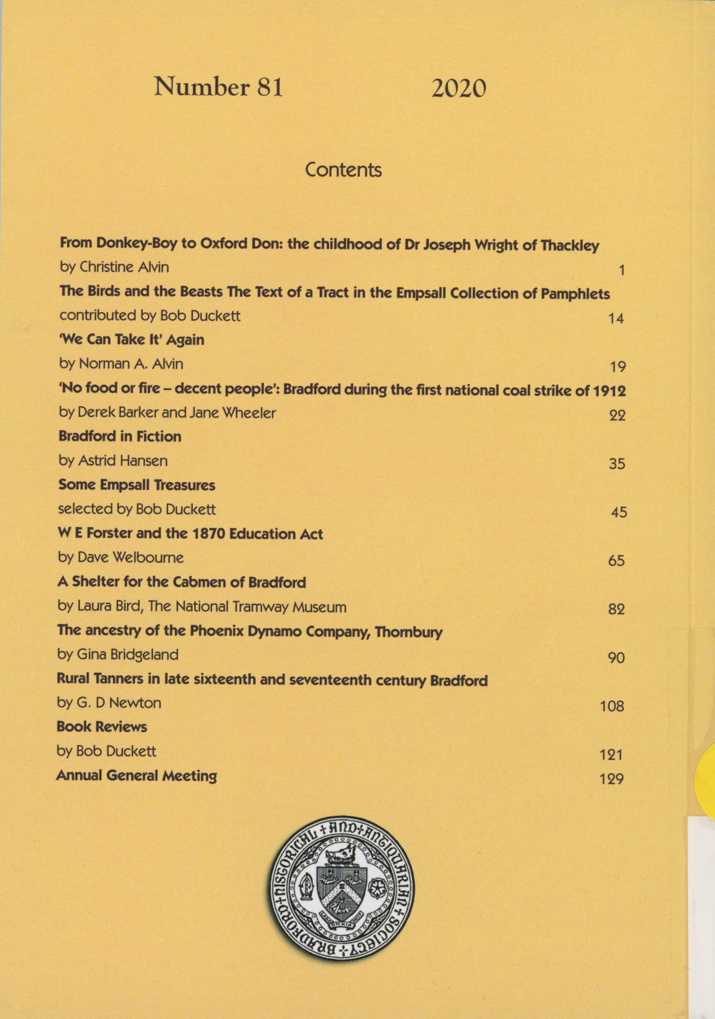 The Bradford Antiquary 2020: Back cover with contents