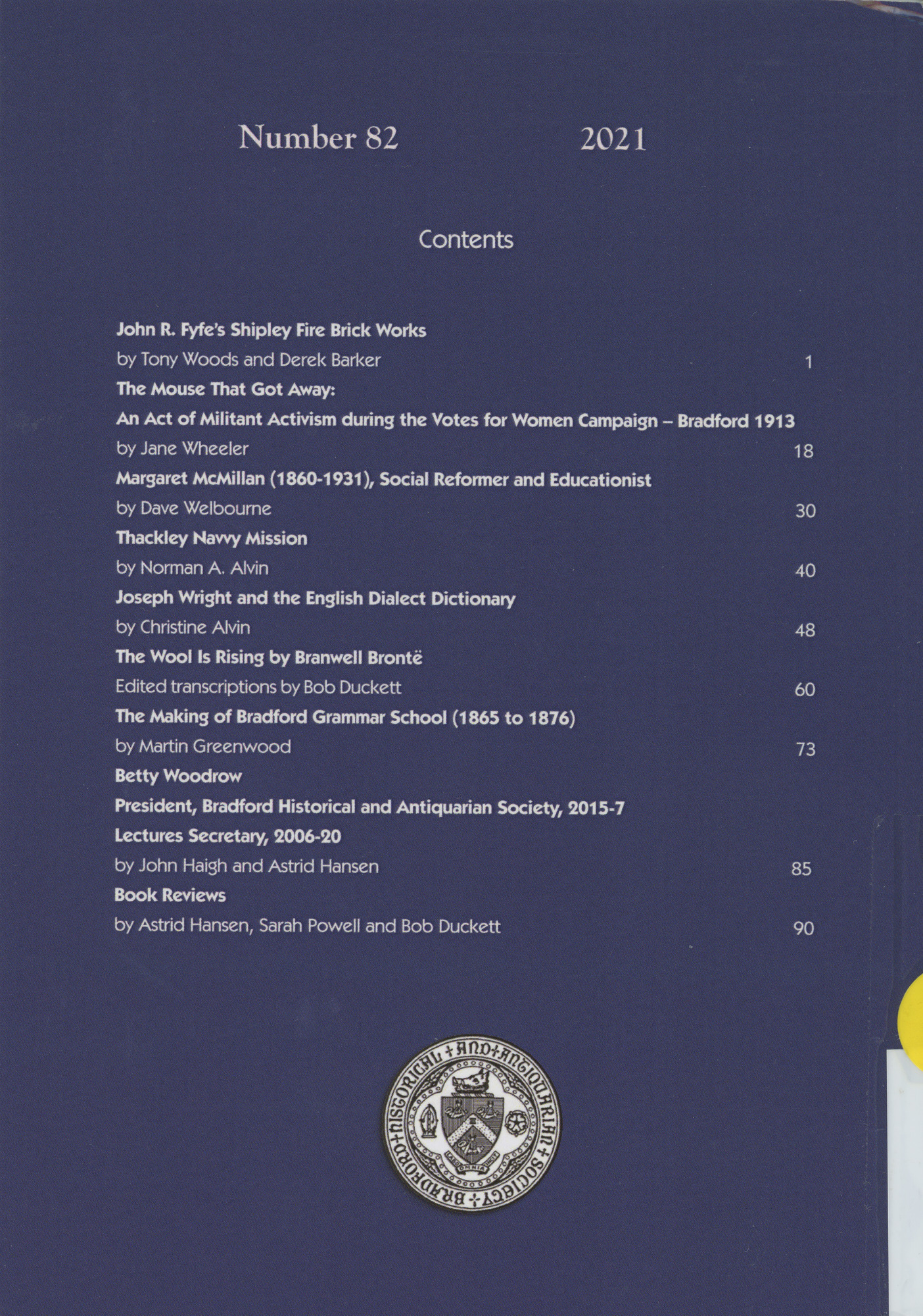 The Bradford Antiquary 2021: Back cover with contents