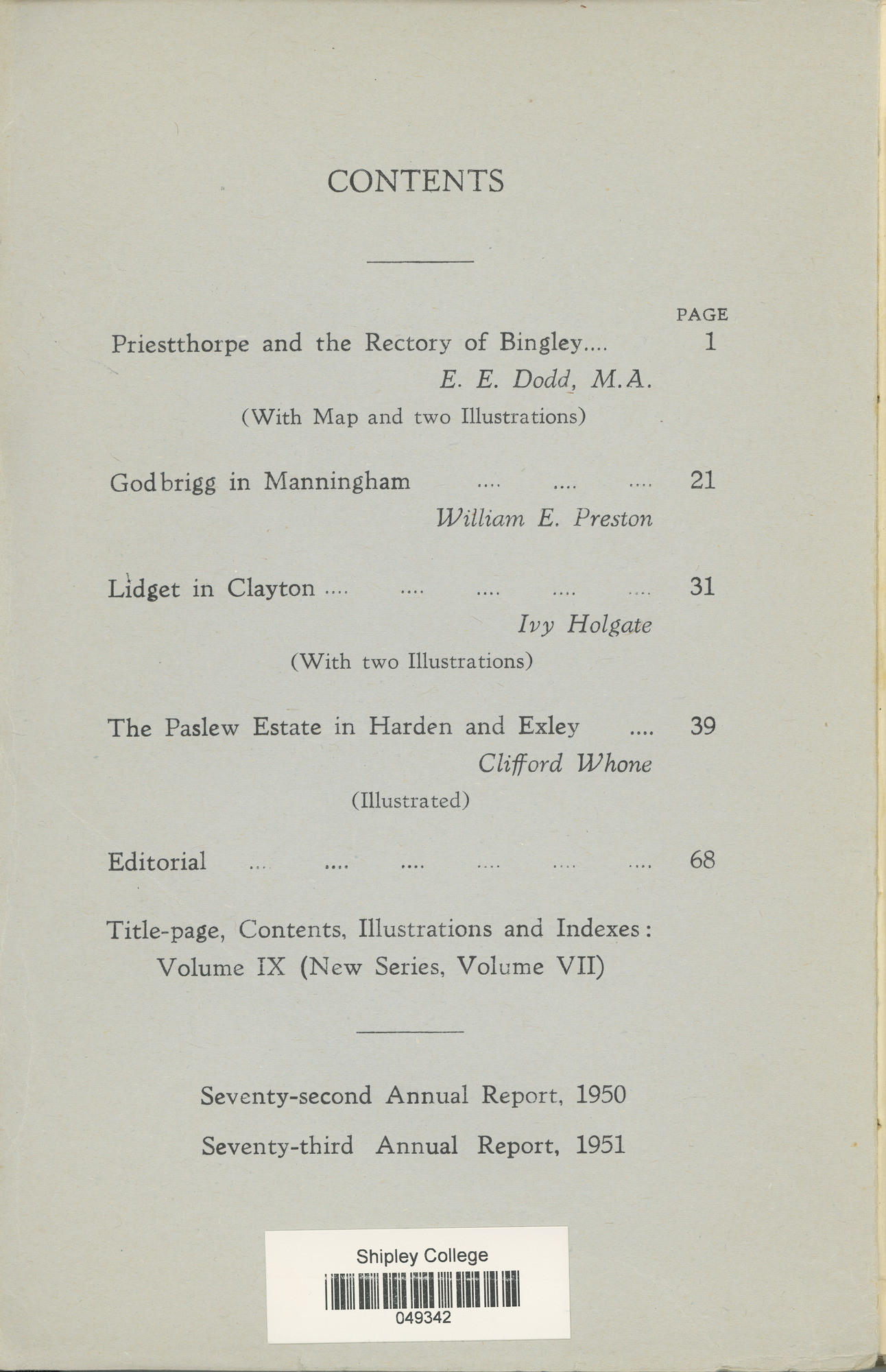 The Bradford Antiquary April 1952: Contents page