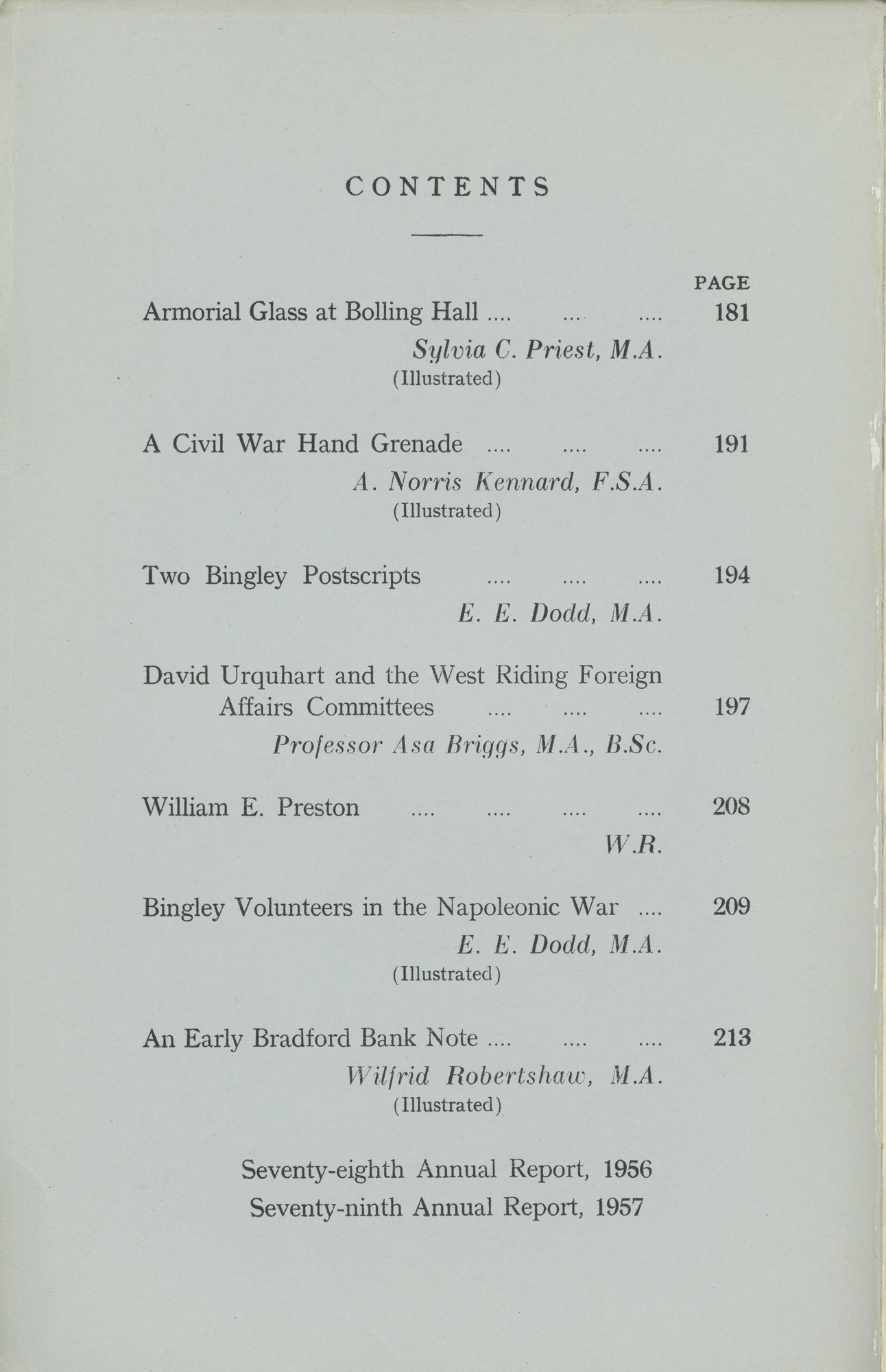 The Bradford Antiquary April 1958: Contents page