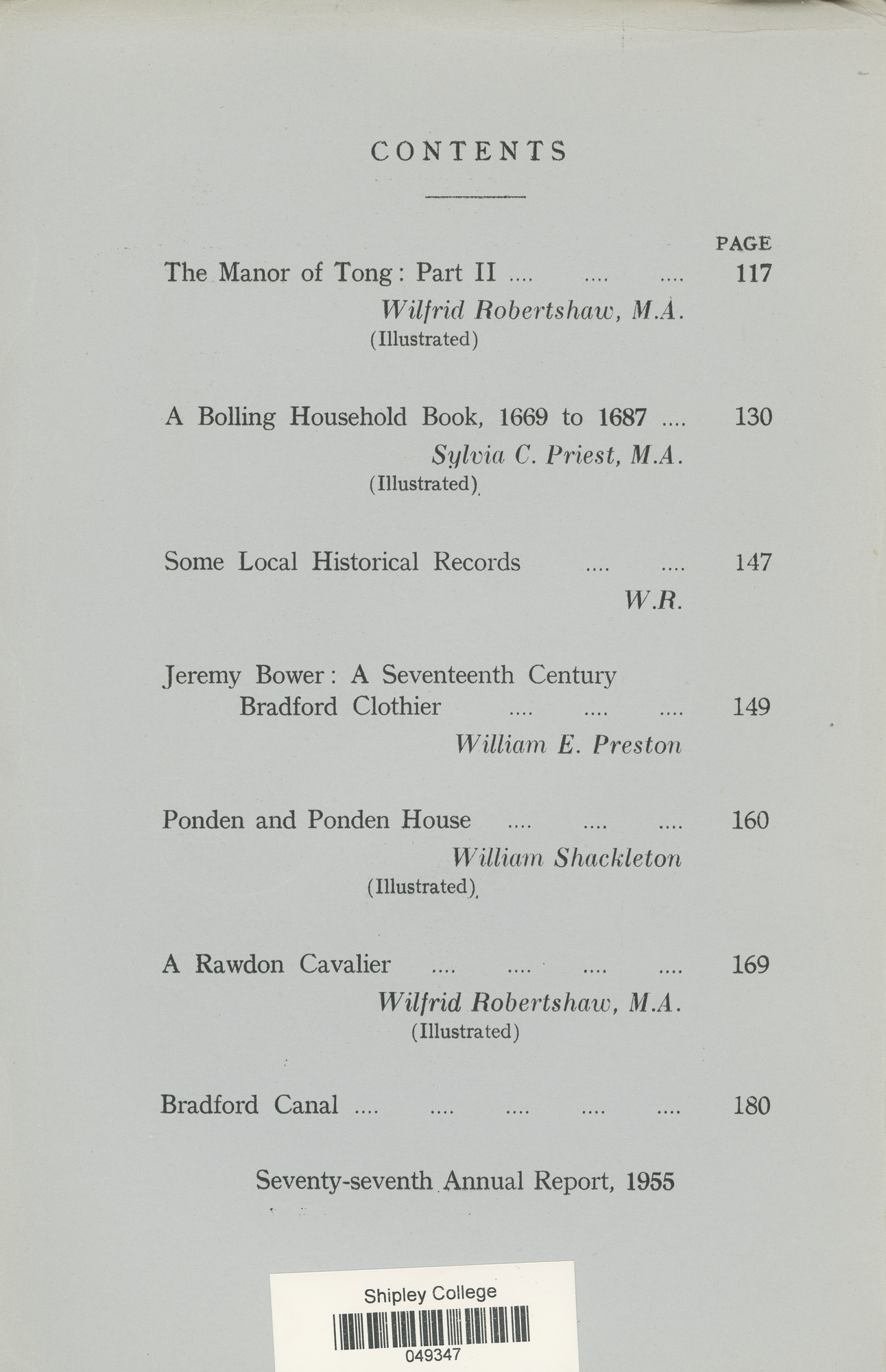 The Bradford Antiquary February 1956: Contents page