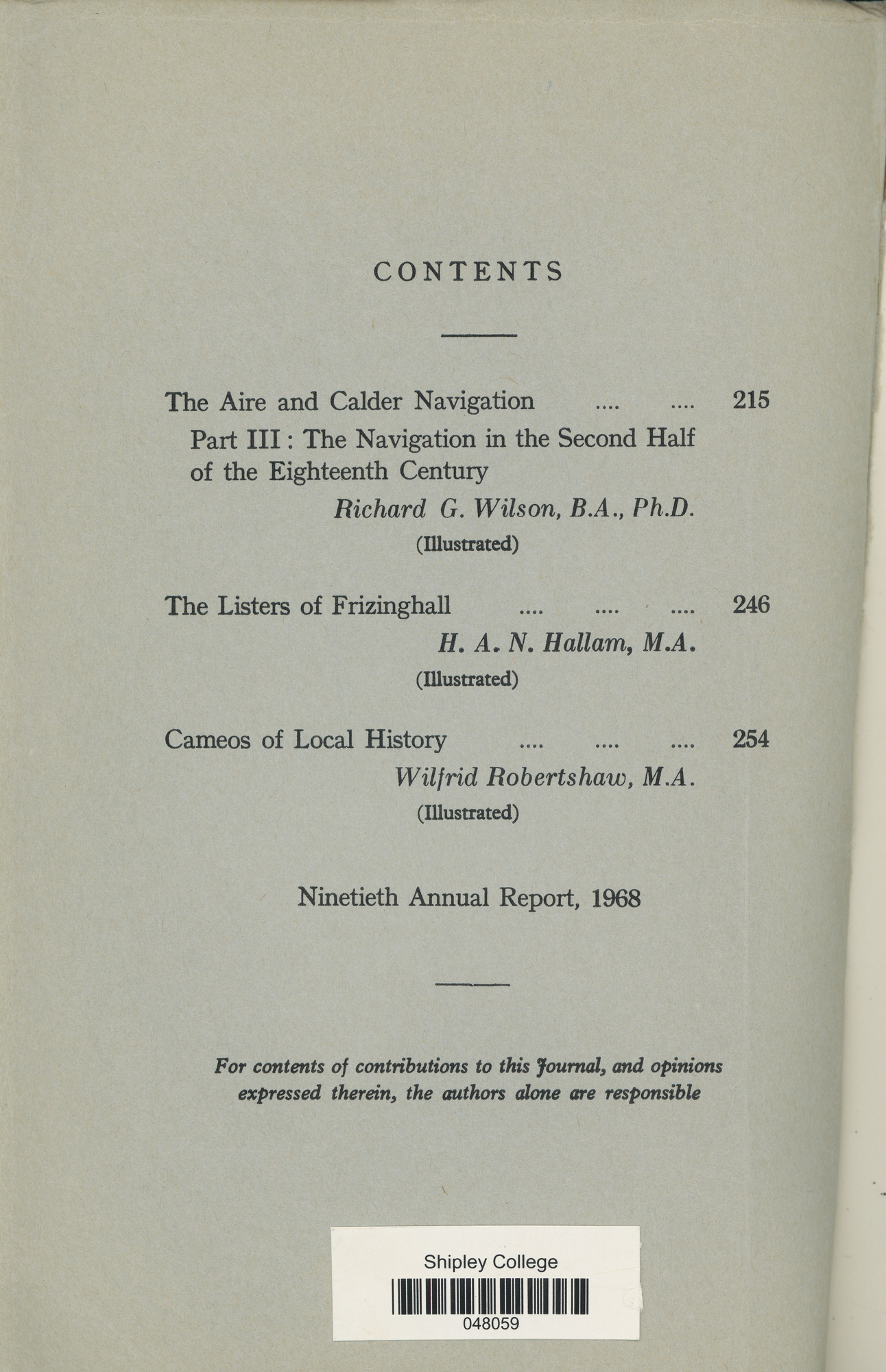 The Bradford Antiquary July 1969: Contents page