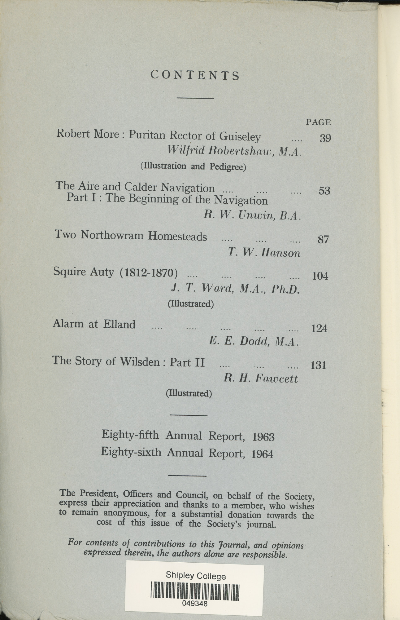 The Bradford Antiquary November 1964: Contents page