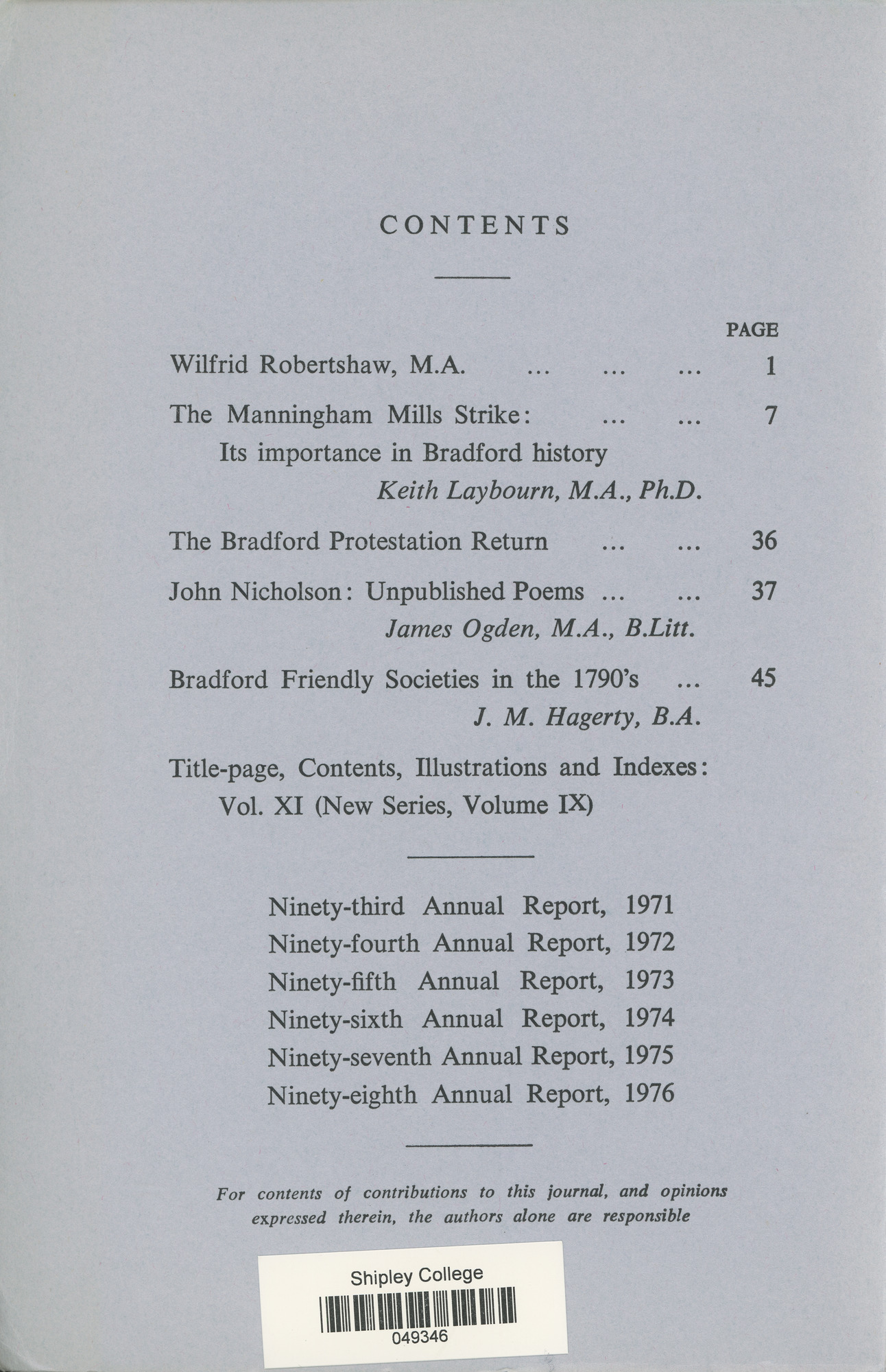 The Bradford Antiquary October 1976: Contents page