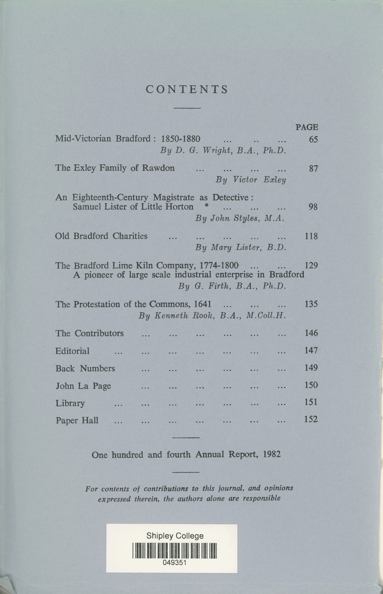 The Bradford Antiquary October 1982: Contents Contents page