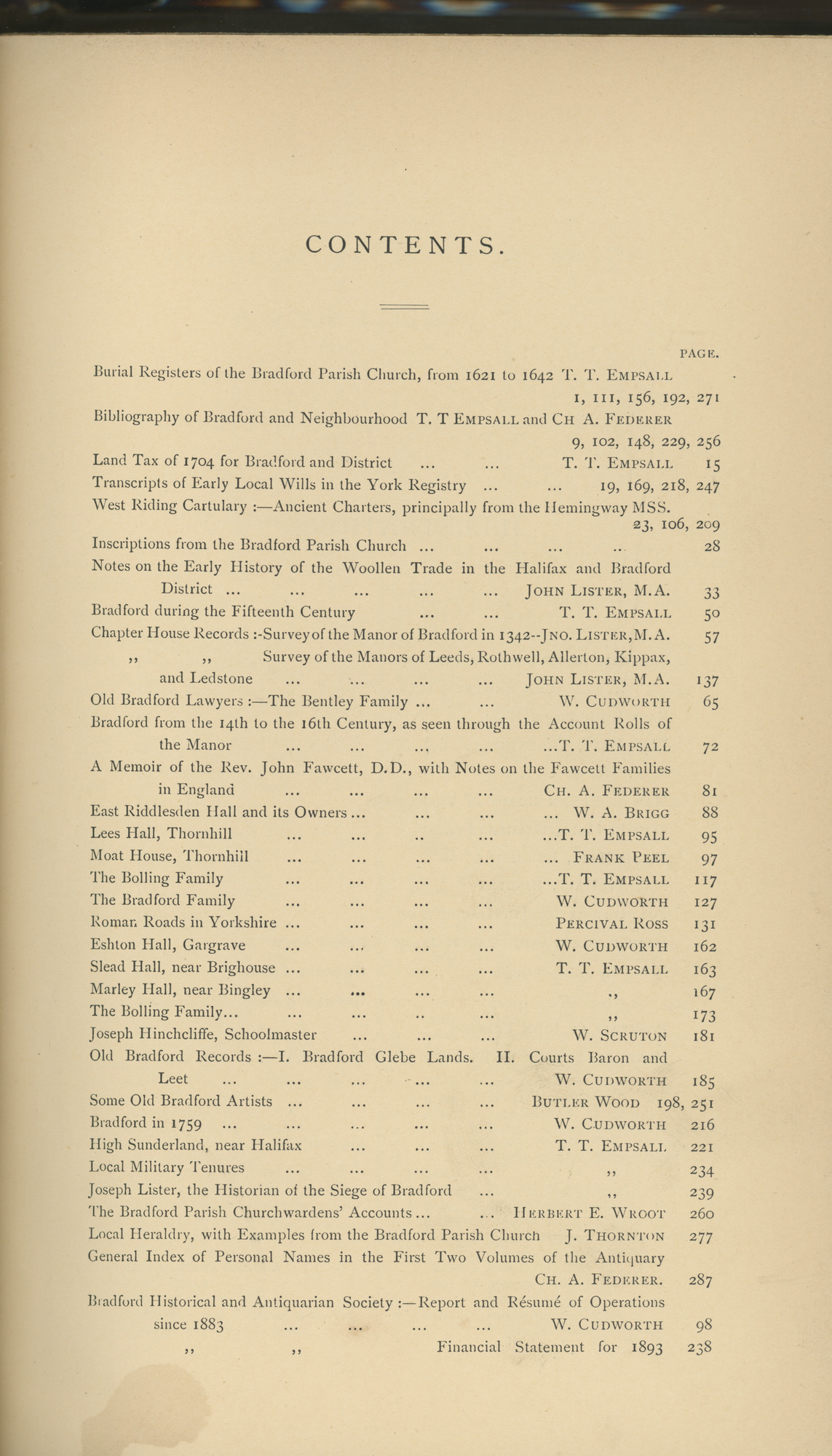 The Bradford Antiquary Vol.11: Contents page