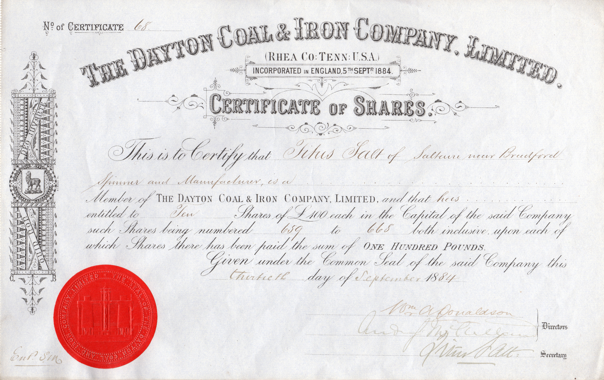 The Dayton Coal & Iron Company Limited (Rhea Co; Tenn; U.S.A.) Certificate of Shares