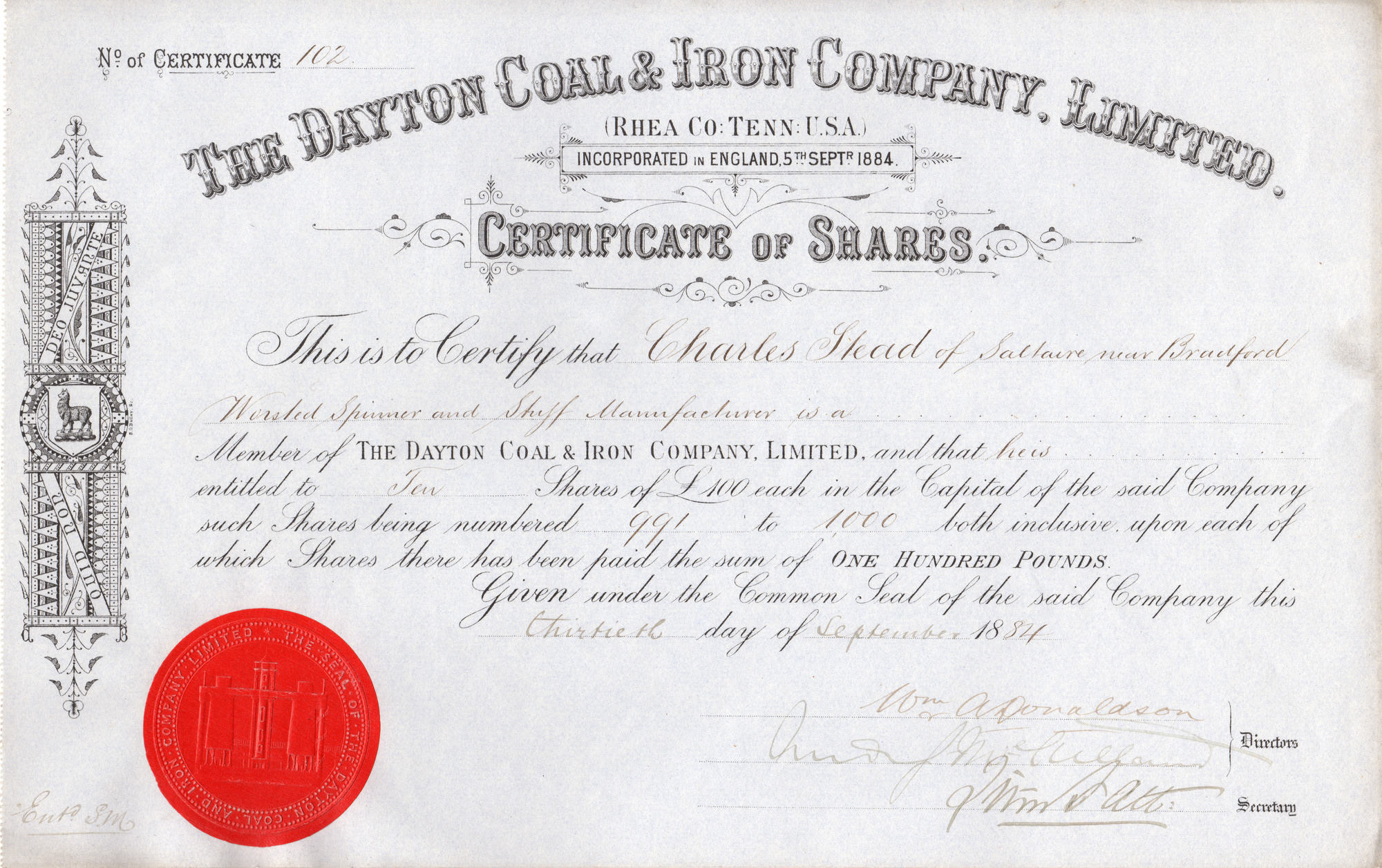 The Dayton Coal & Iron Company Limited (Rhea Co; Tenn; U.S.A.) Certificate of Shares
