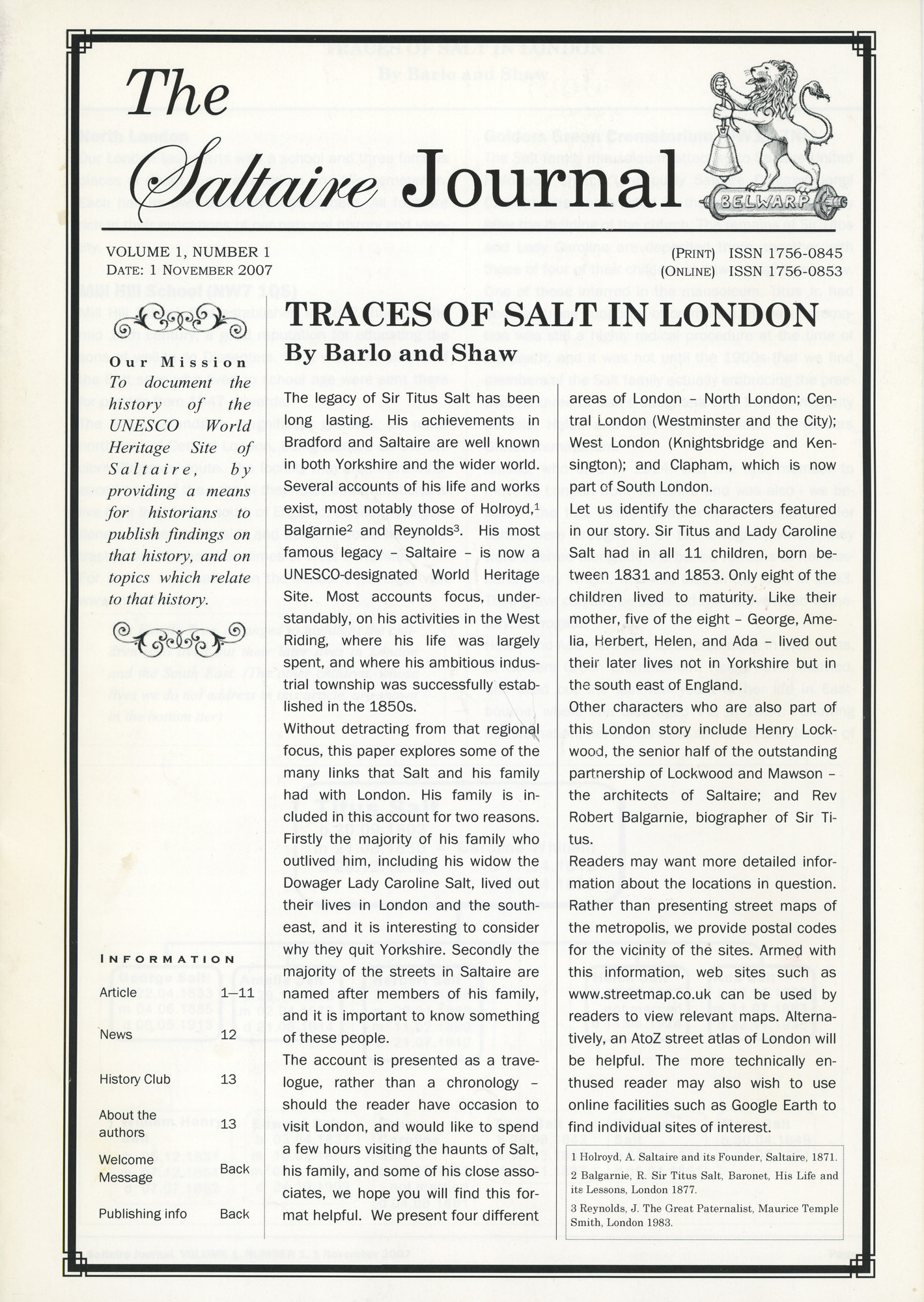 The Saltaire Journal Vol.1 No.1 November 2007 Traces of Salt in London by Barlow and Shaw