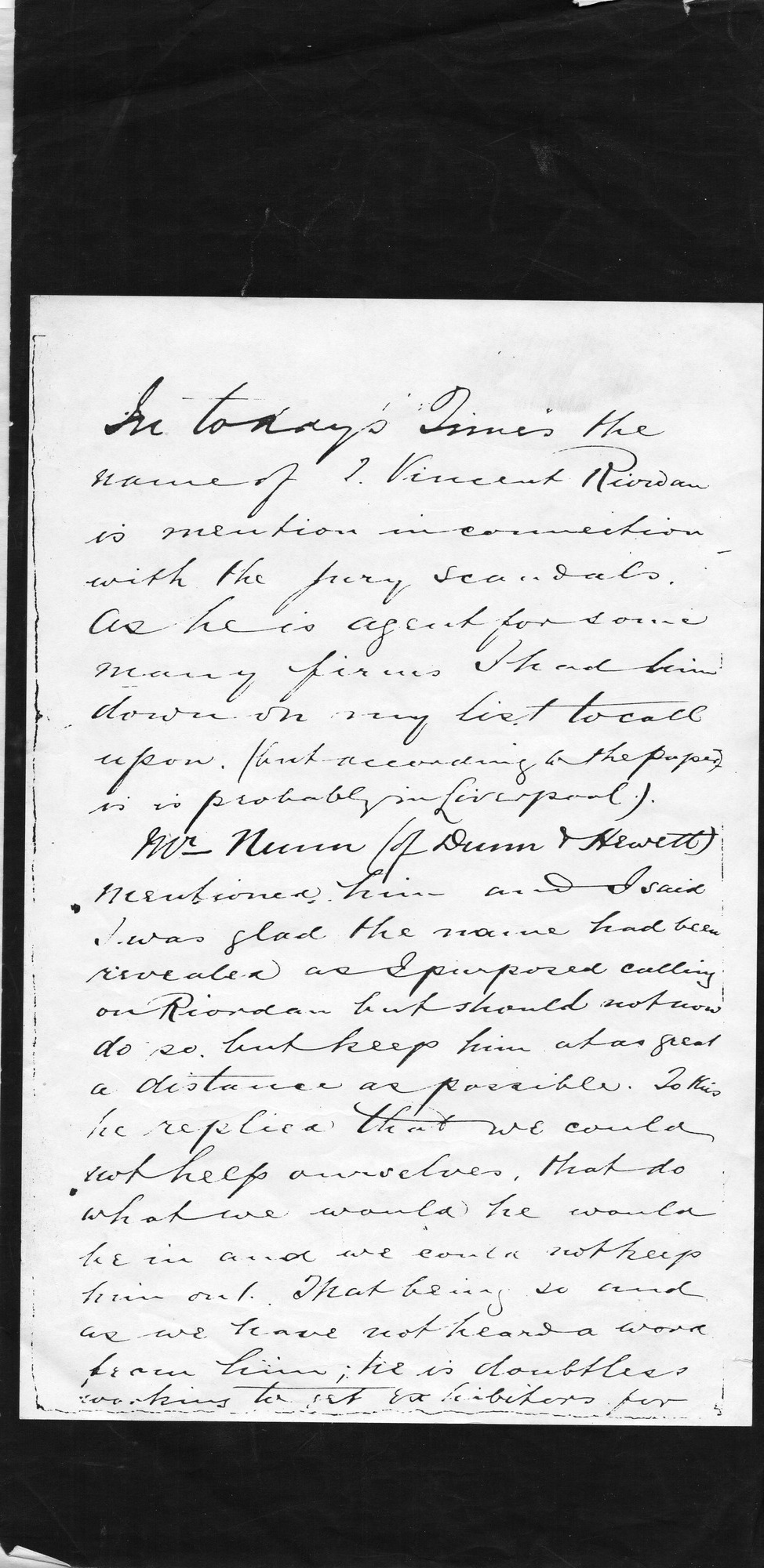 Letter from William Fry concerning Vincent Riordan