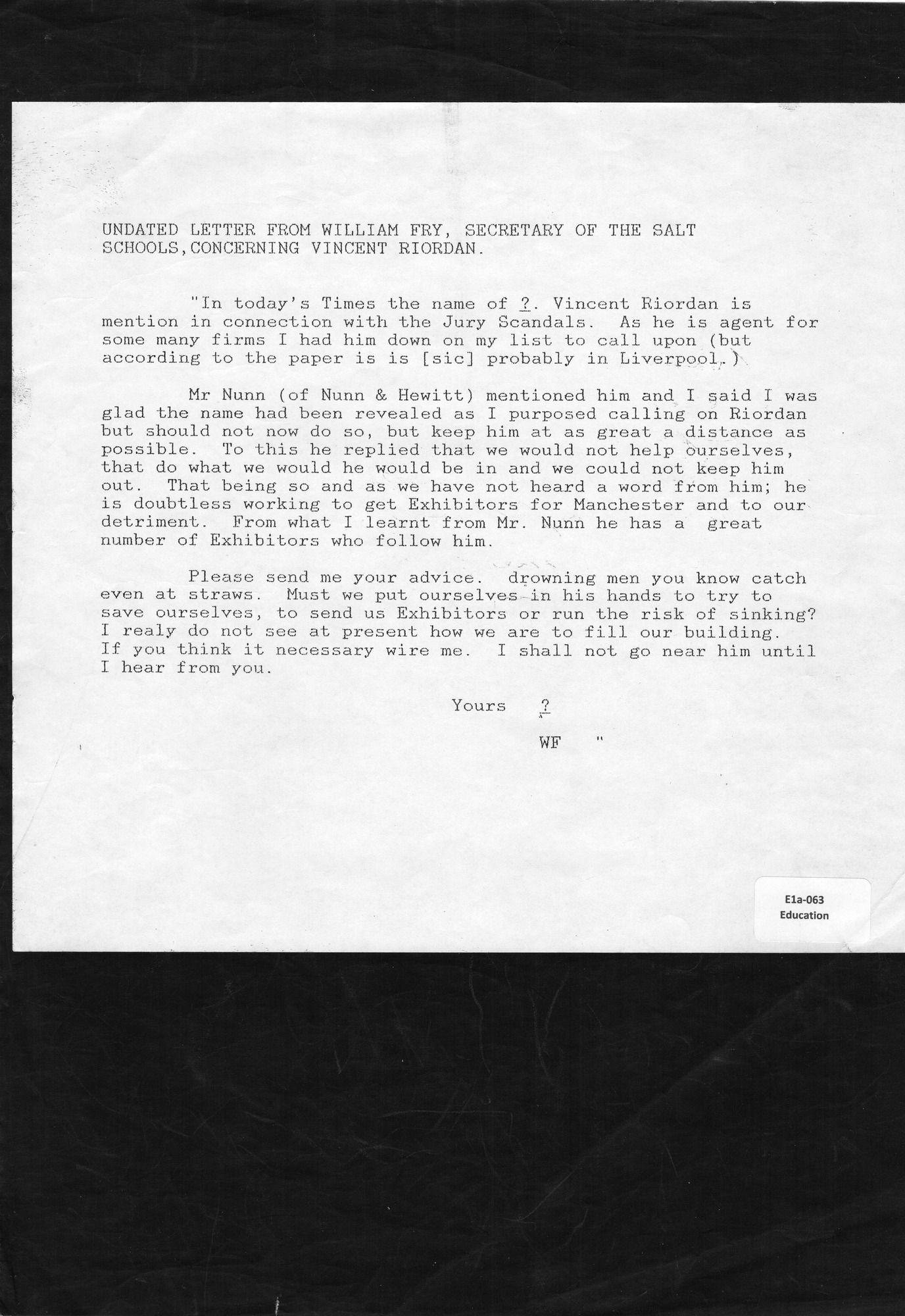 Letter from William Fry concerning Vincent Riordan: Transcription