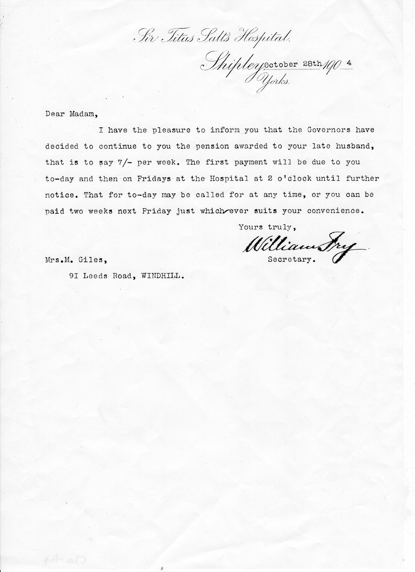 Letter regarding pension