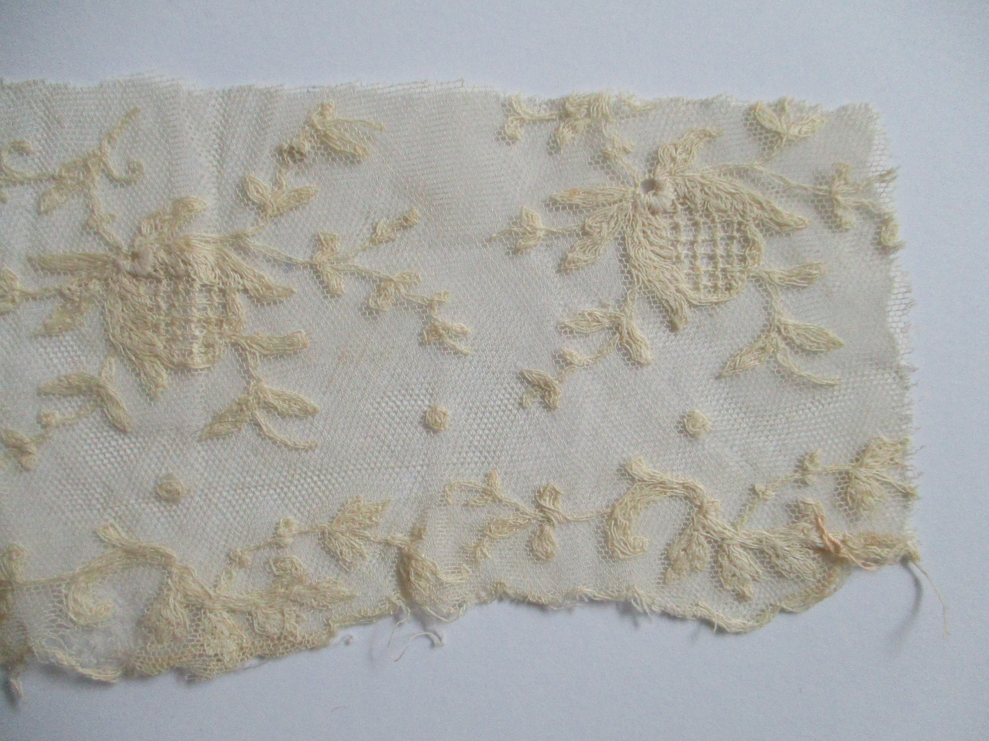Piece of cream silk embroidered netting.: Close up of lace netting showing embroidered design. (iv)