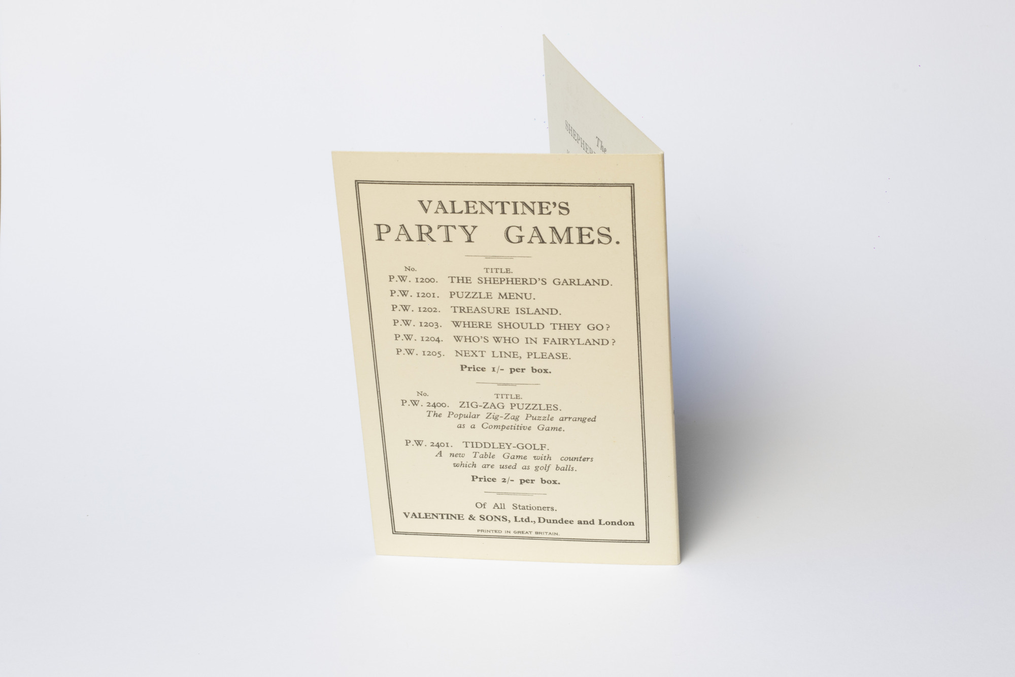 Valentine's Party Games: back view of card