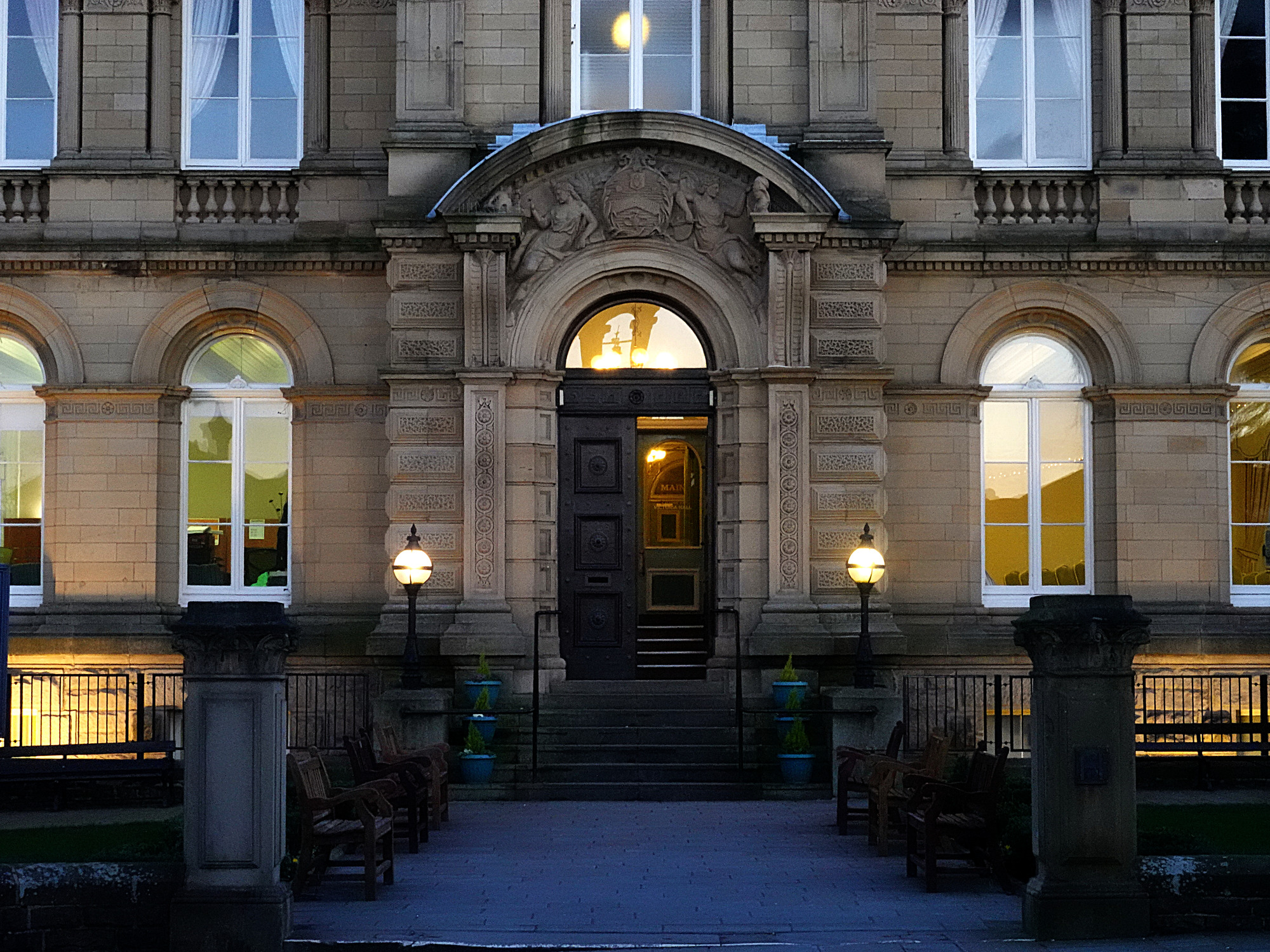 Victoria Hall entrance in low light